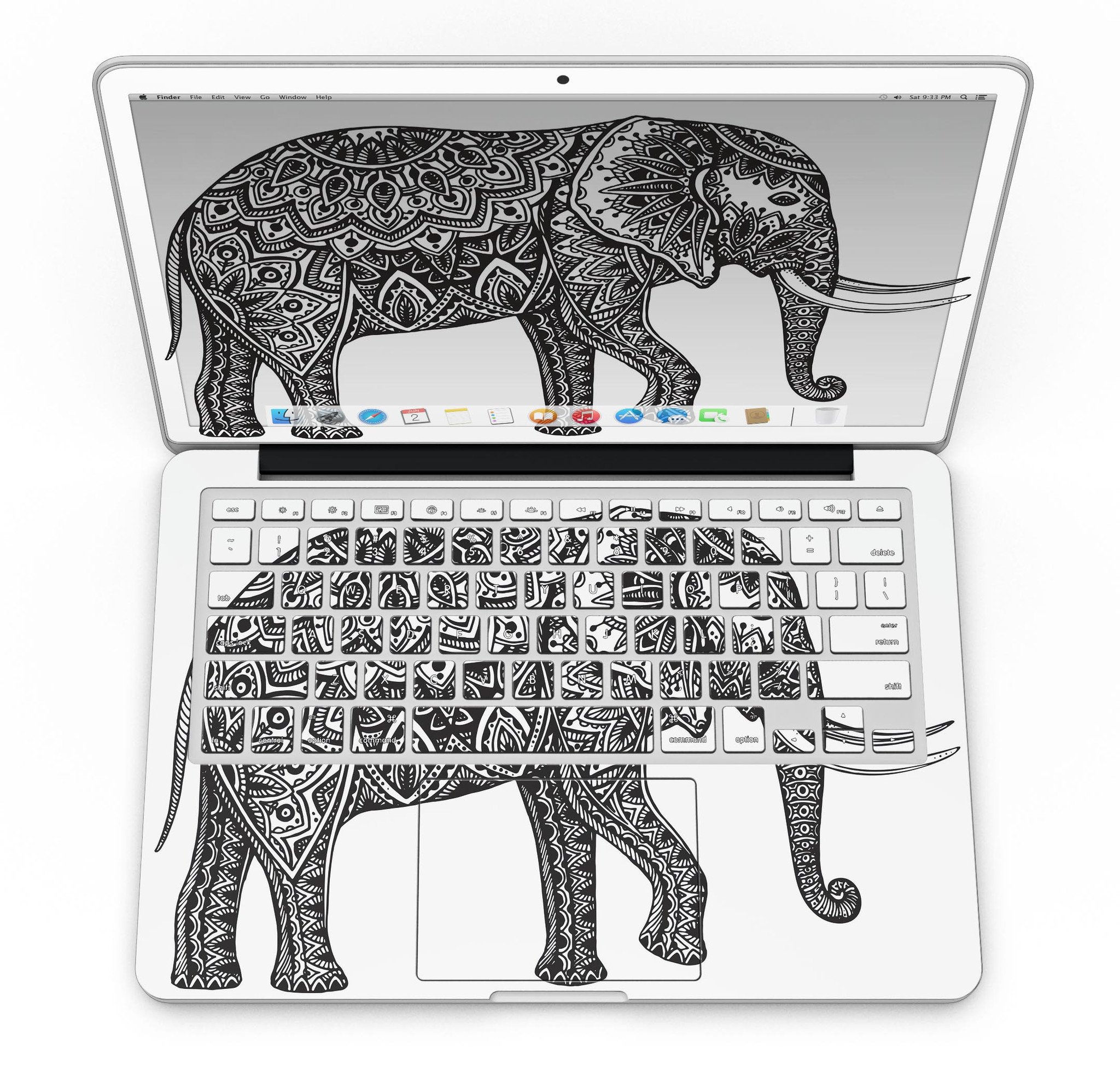 Black and White Aztec Ethnic Elephant skin for MacBook Pro, showcasing intricate patterns and vibrant design.