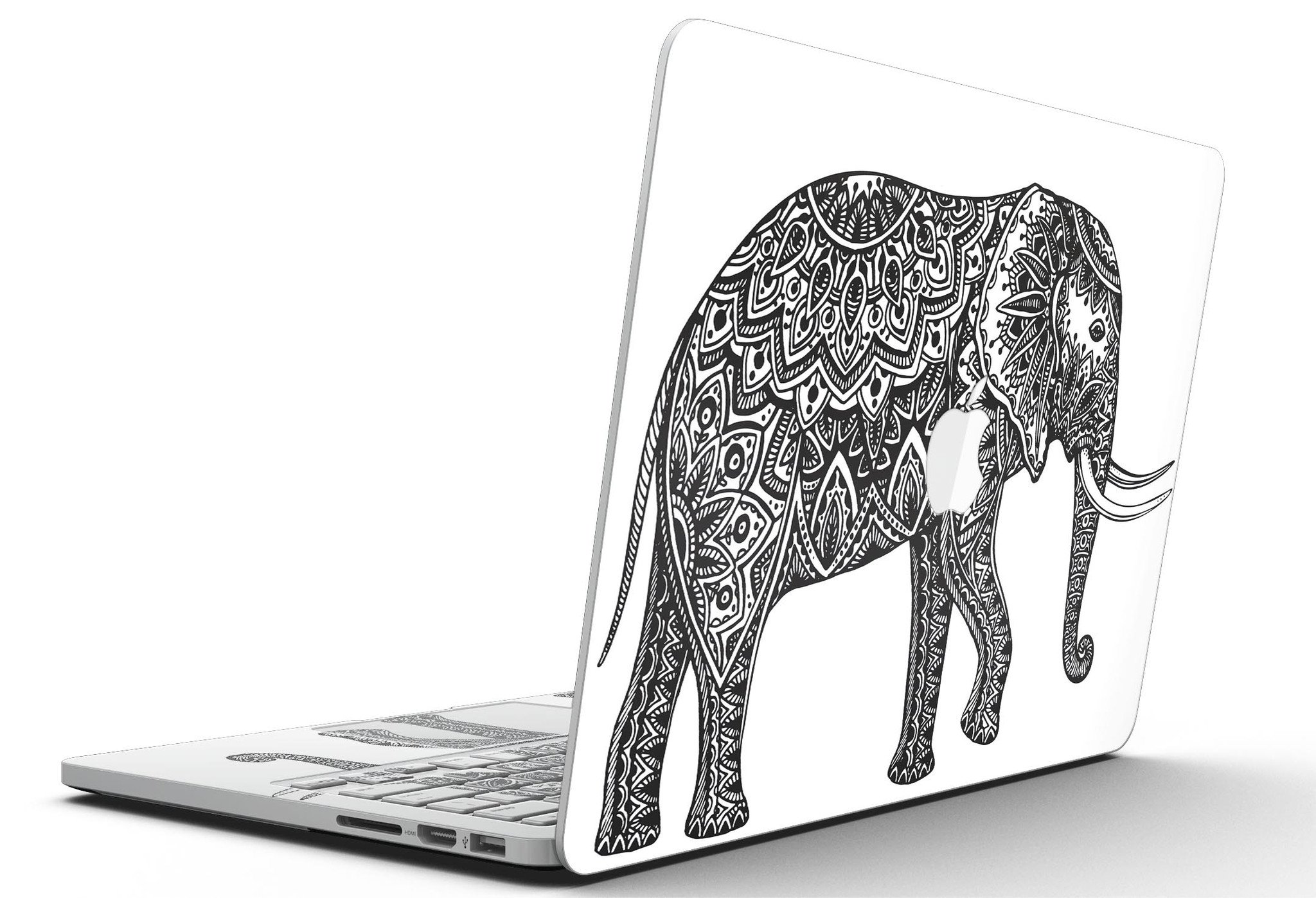 Black and White Aztec Ethnic Elephant skin for MacBook Pro, showcasing intricate patterns and vibrant design.