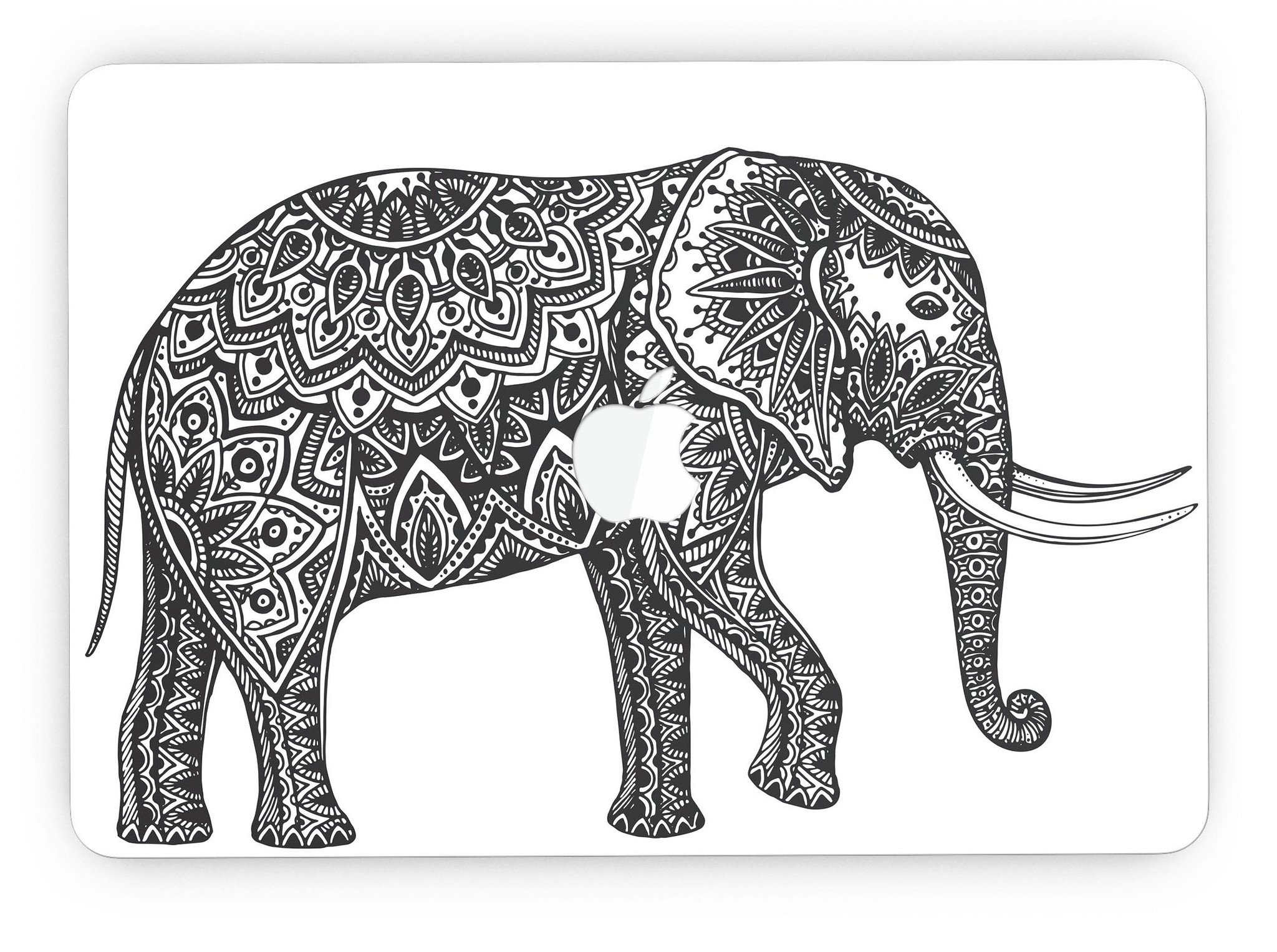 Black and White Aztec Ethnic Elephant skin for MacBook Pro, showcasing intricate patterns and vibrant design.