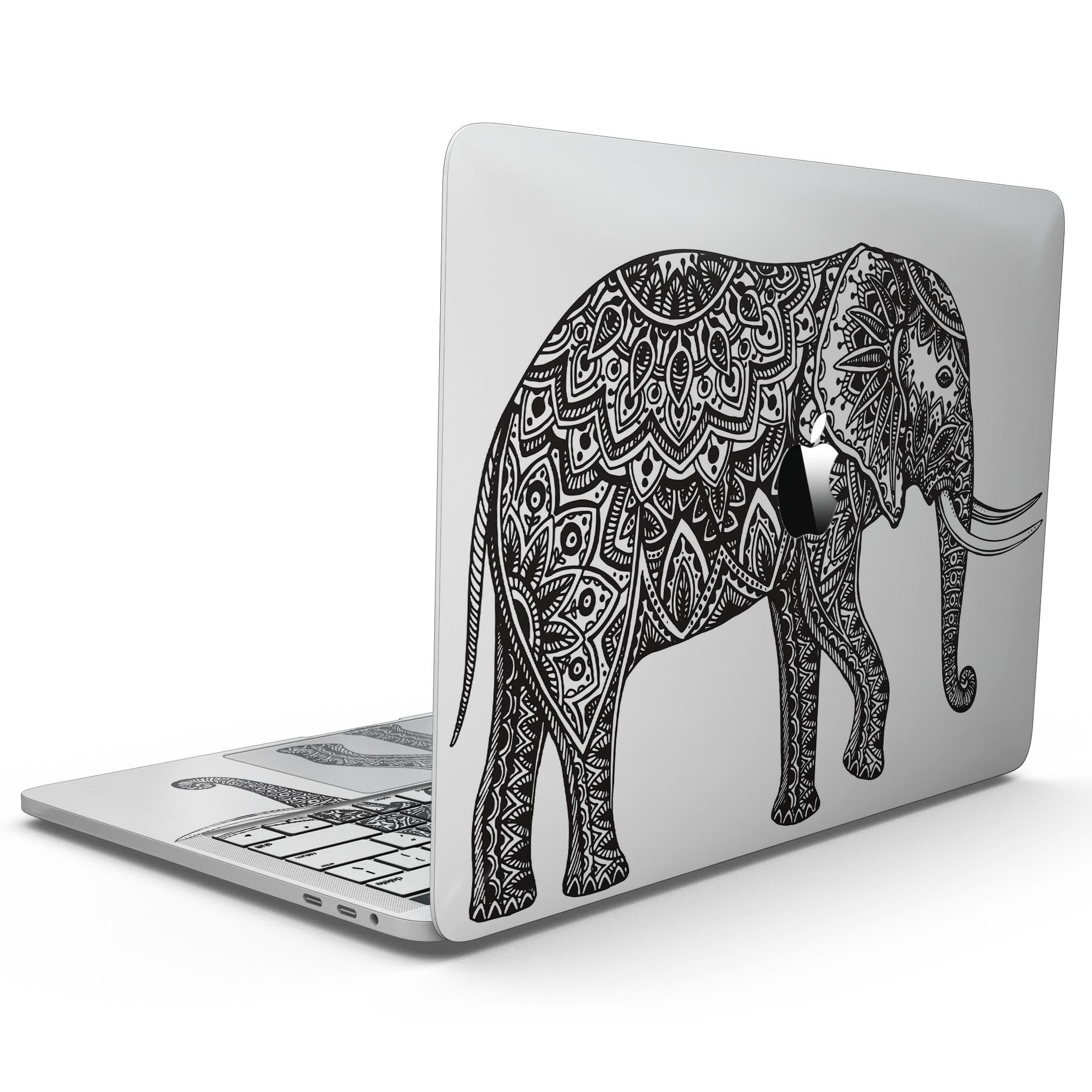 Black and White Aztec Ethnic Elephant skin for MacBook Pro, showcasing intricate patterns and vibrant colors on a sleek device.