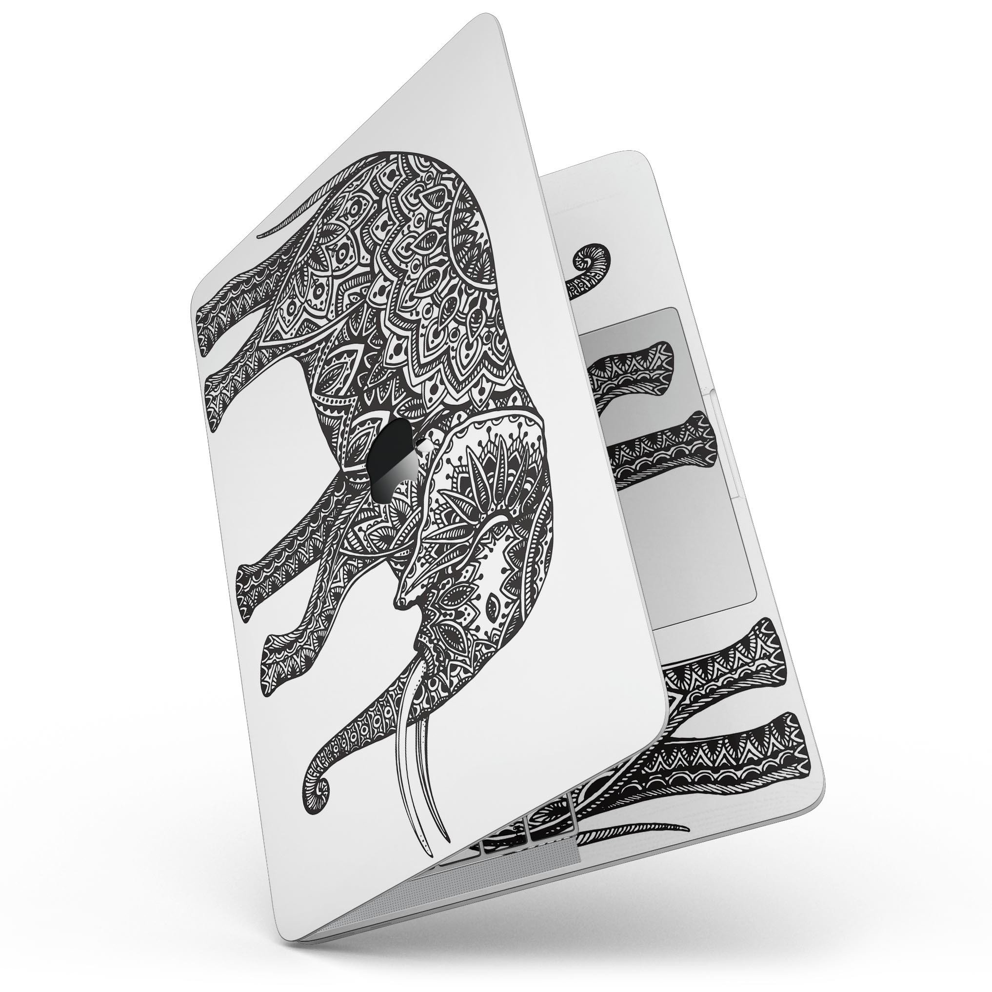 Black and White Aztec Ethnic Elephant skin for MacBook Pro, showcasing intricate patterns and vibrant colors on a sleek device.