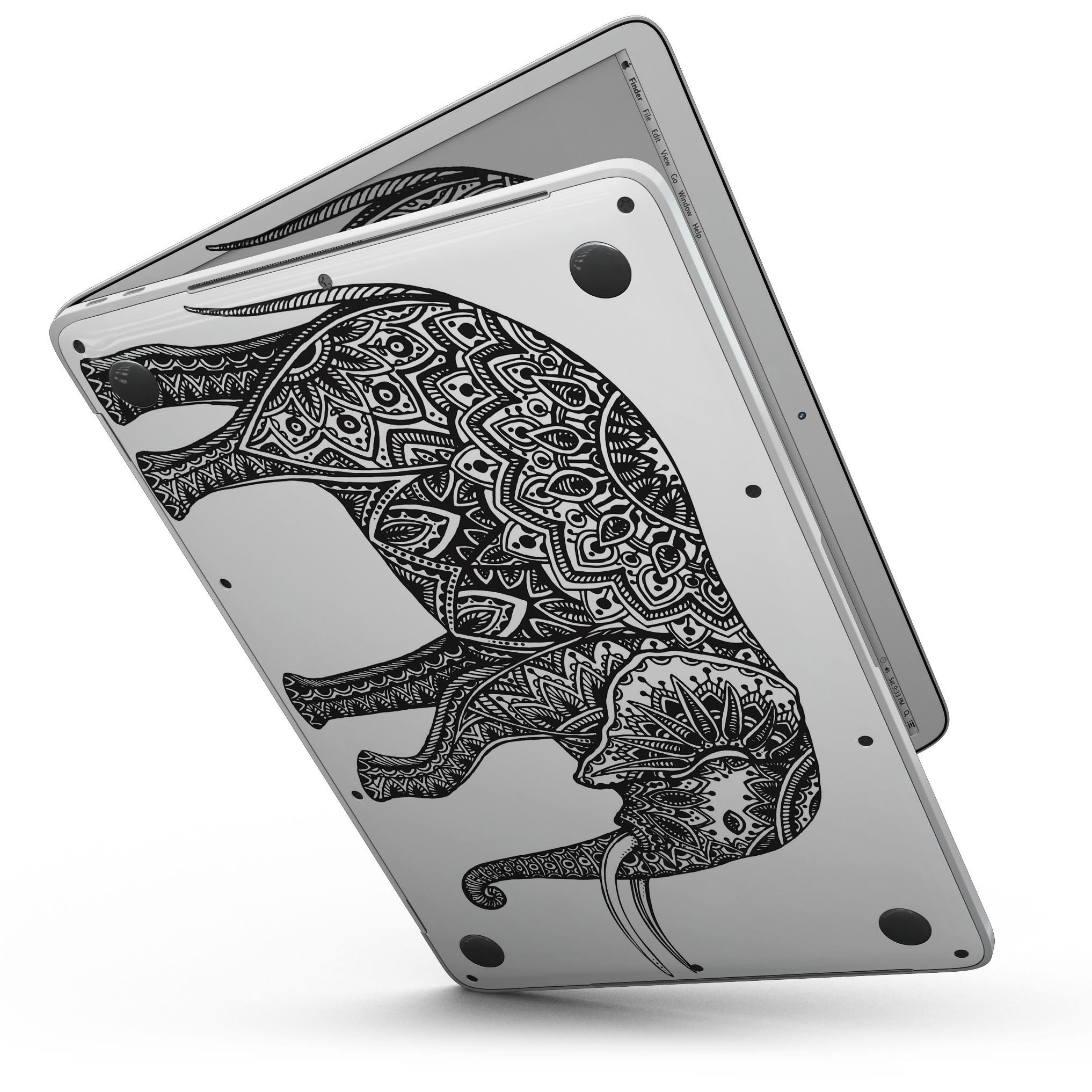 Black and White Aztec Ethnic Elephant skin for MacBook Pro, showcasing intricate patterns and vibrant colors on a sleek device.
