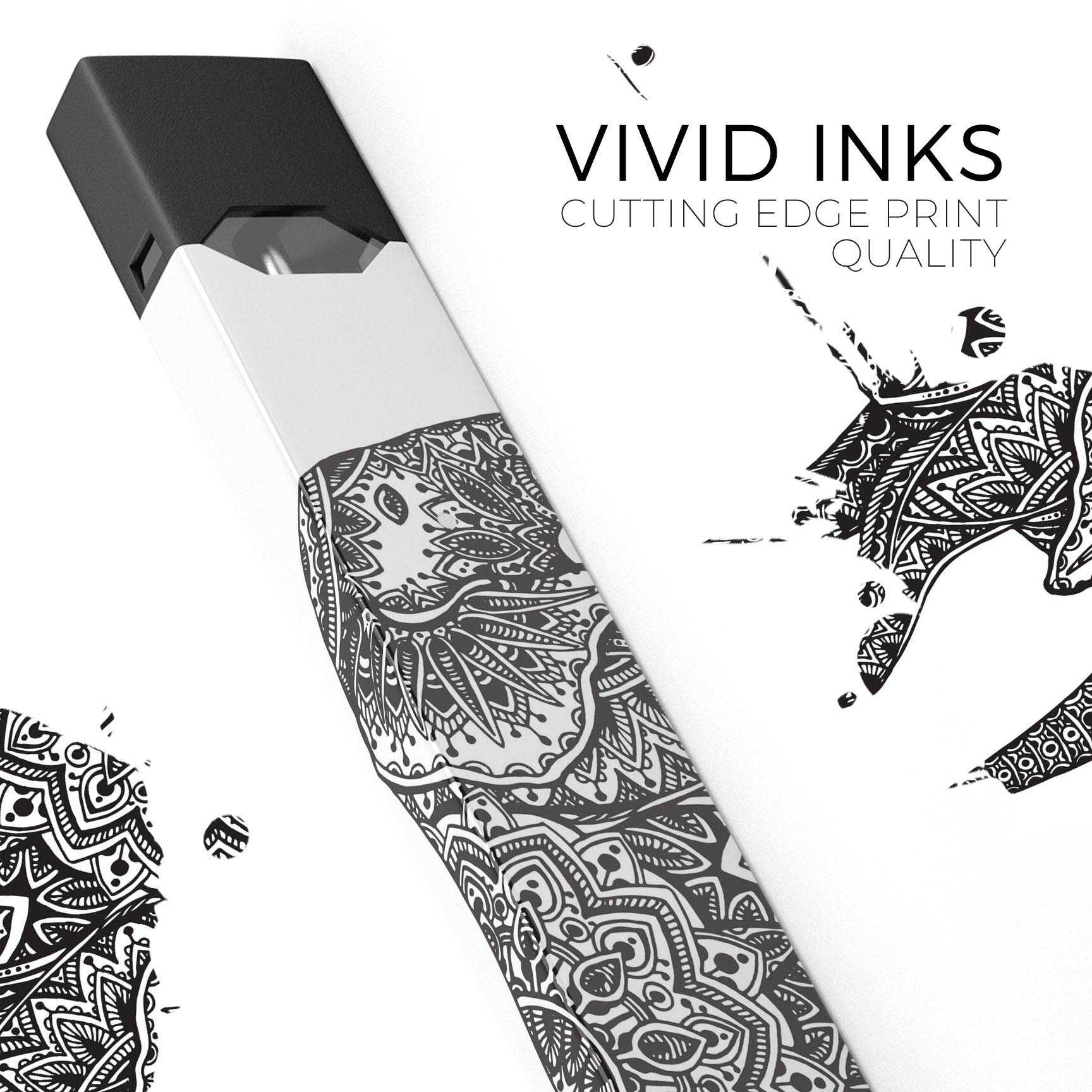 Black and White Aztec Ethnic Elephant decal skin for JUUL vaping device, showcasing intricate design and premium quality.