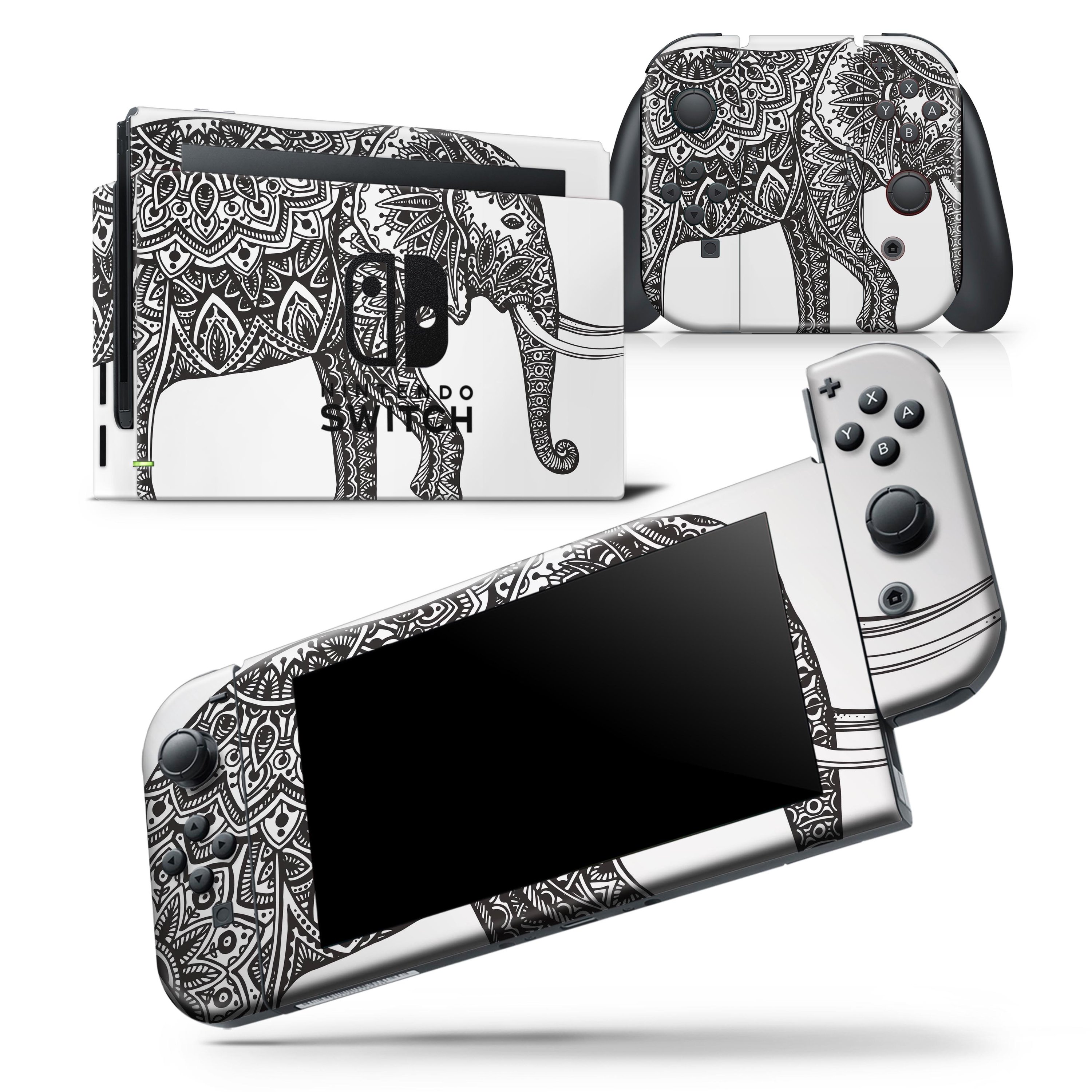 Black and White Aztec Ethnic Elephant skin wrap decal for Nintendo Switch, showcasing intricate design and premium vinyl material.