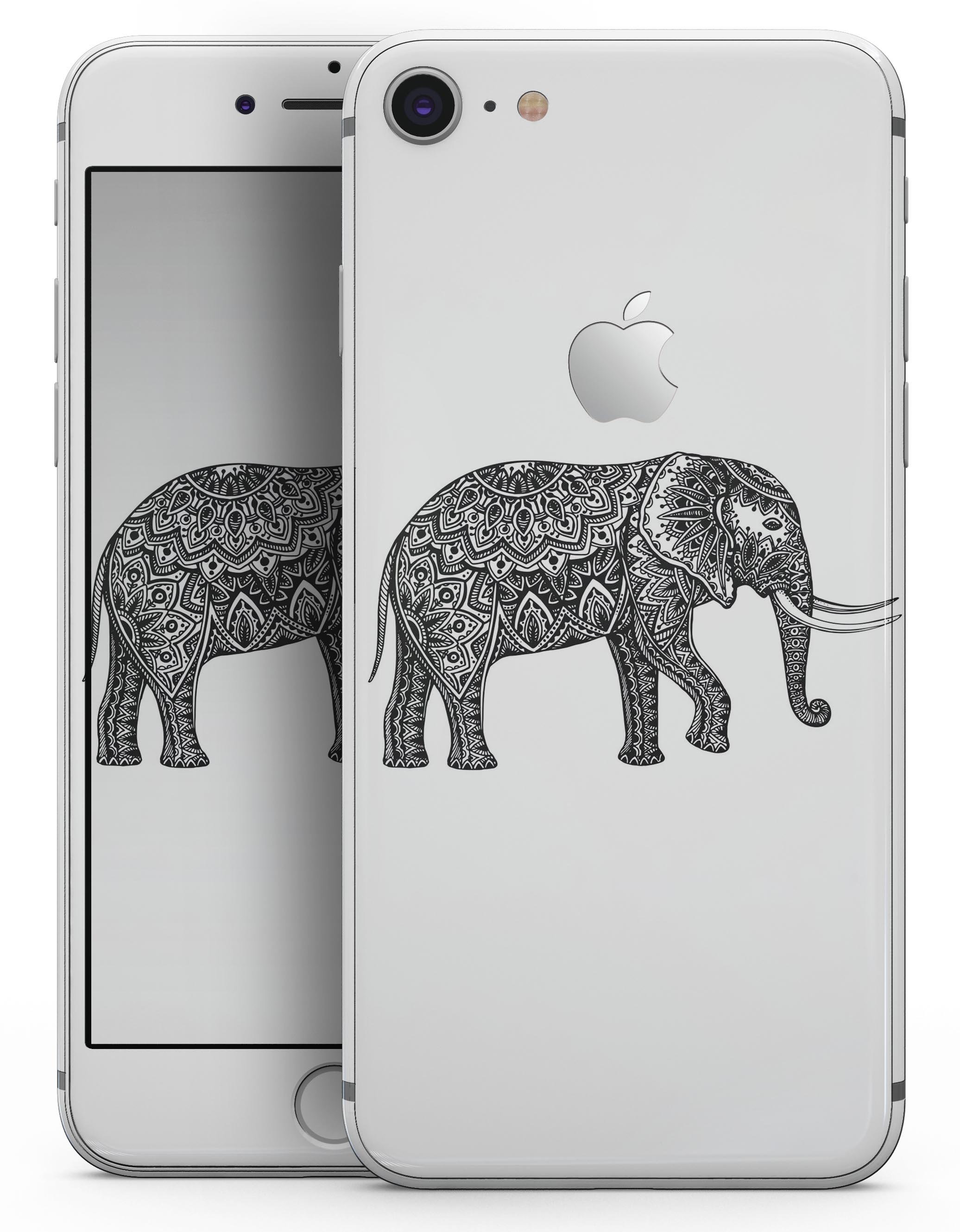 Black and White Aztec Ethnic Elephant skin for iPhone 8 and 8 Plus, showcasing intricate design and premium vinyl material.