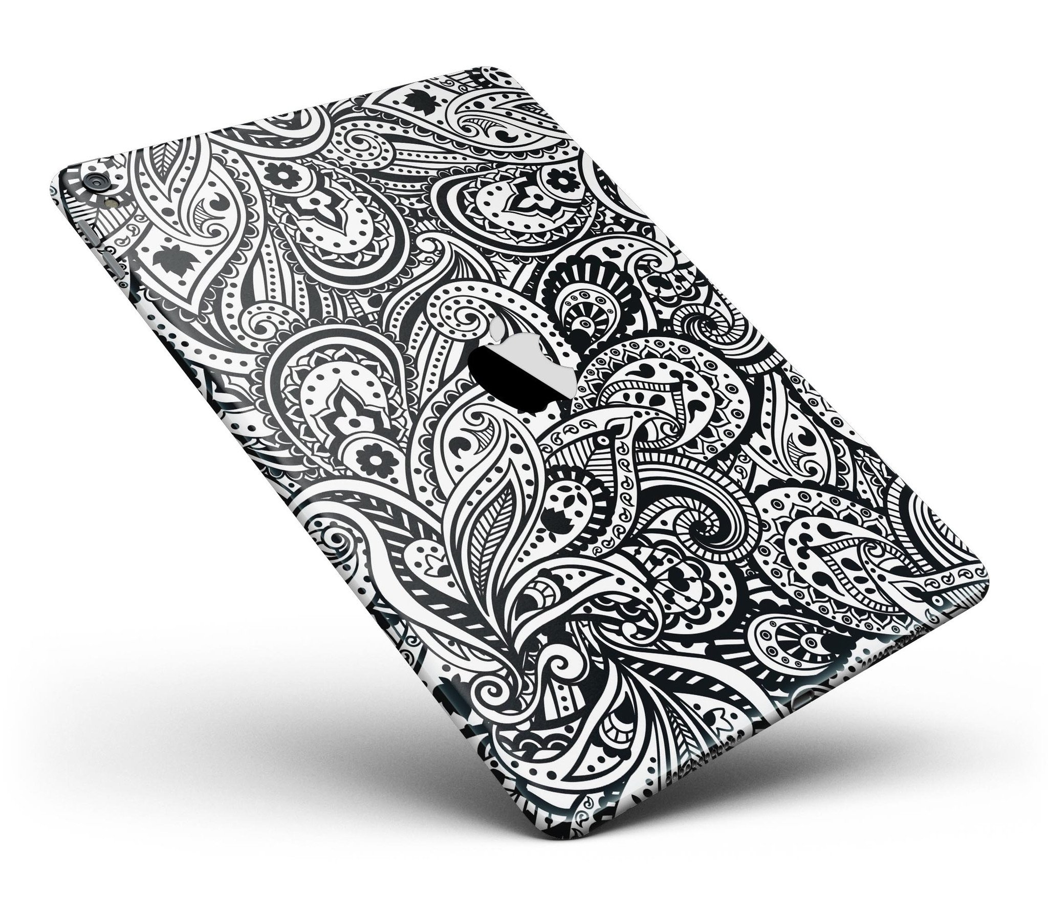 Black and White Aztec Paisley Full Body Skin for iPad Pro, showcasing intricate patterns and premium vinyl material.