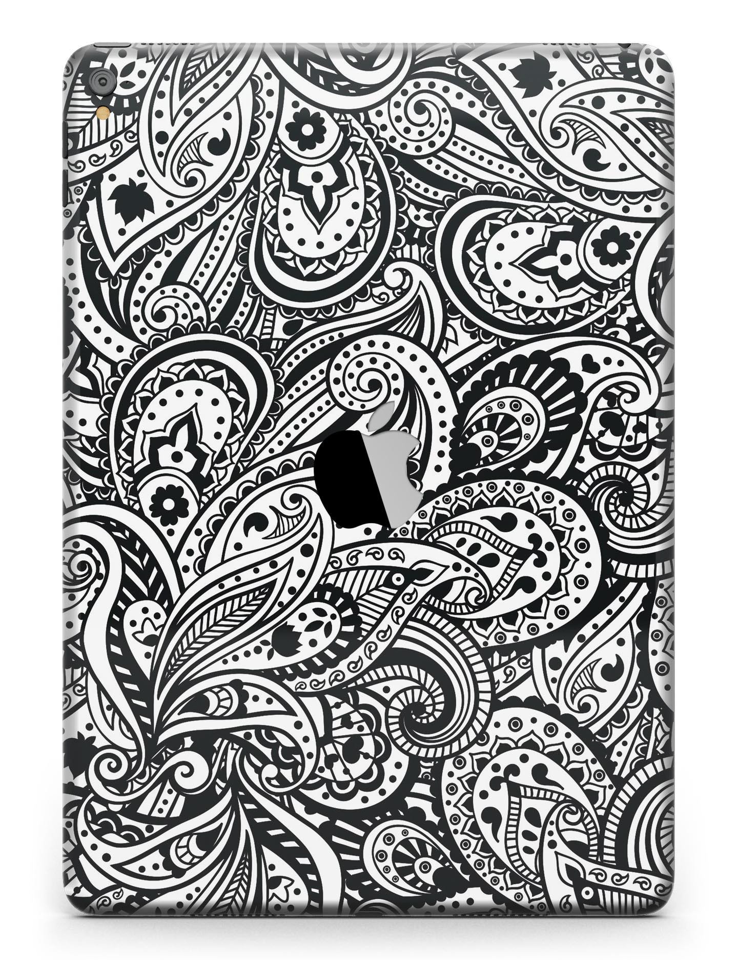 Black and White Aztec Paisley Full Body Skin for iPad Pro, showcasing intricate patterns and premium vinyl material.