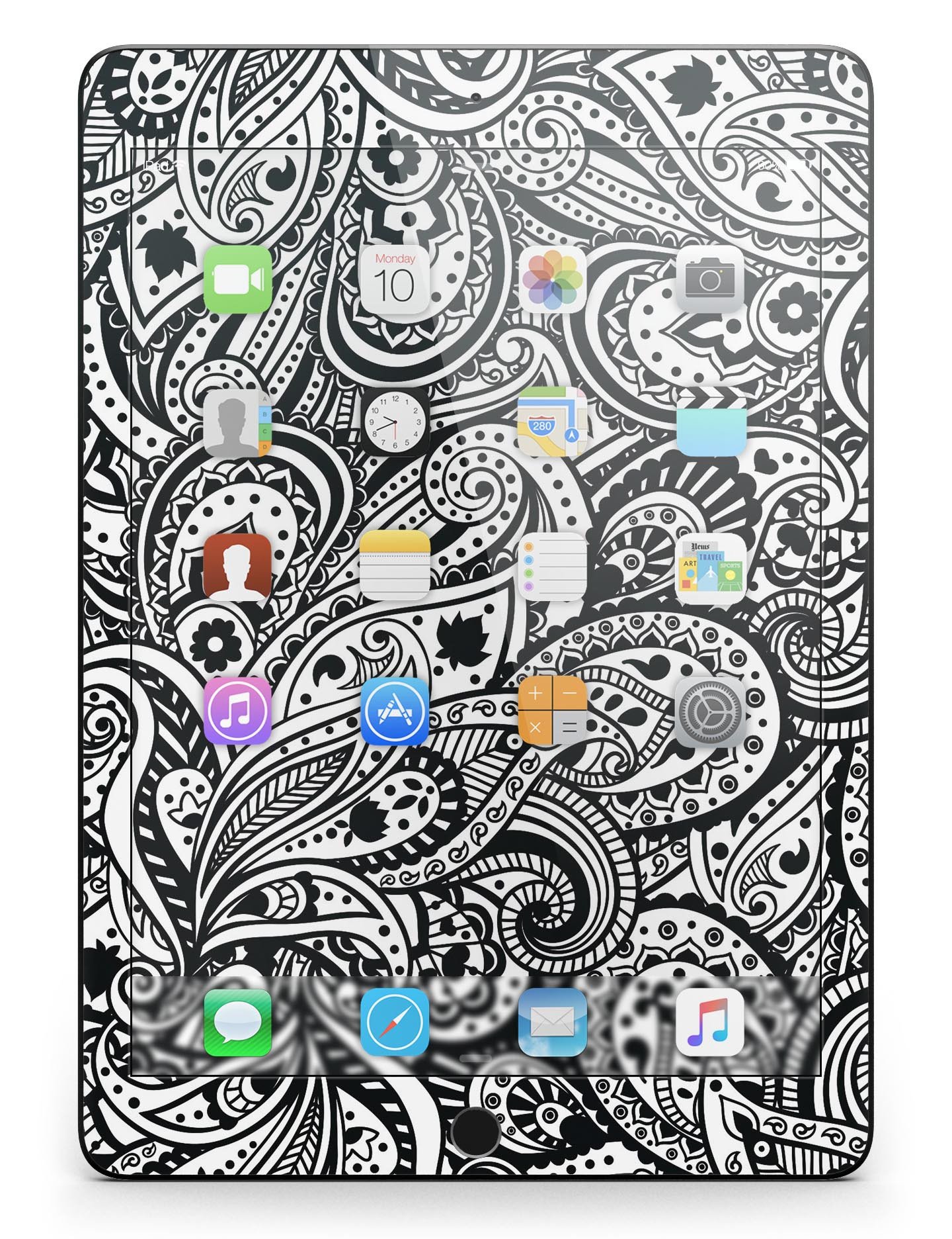 Black and White Aztec Paisley Full Body Skin for iPad Pro, showcasing intricate patterns and premium vinyl material.
