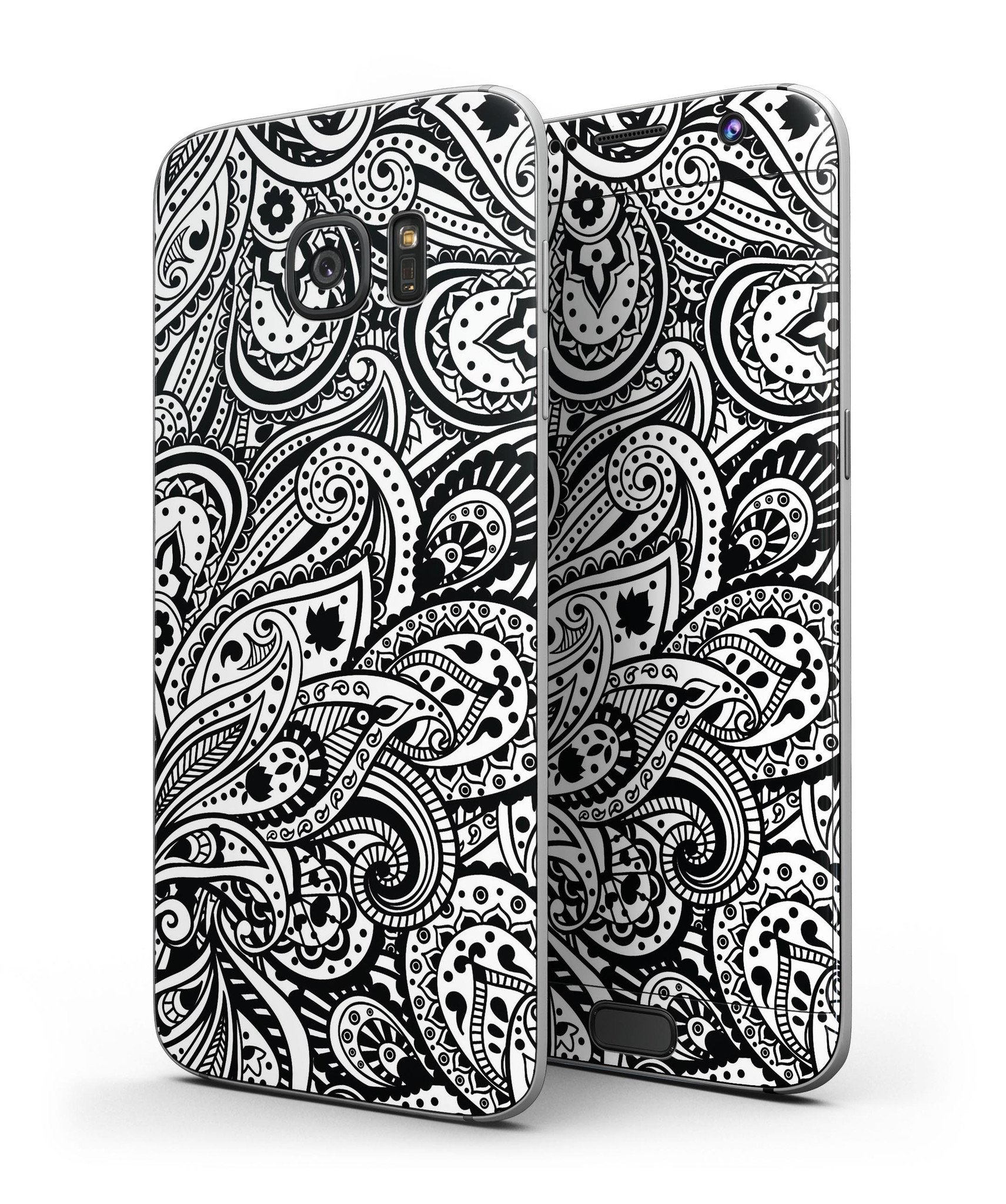 Black and White Aztec Paisley skin kit for Samsung Galaxy S7 and S7 Edge, showcasing a stylish design with full-body coverage.