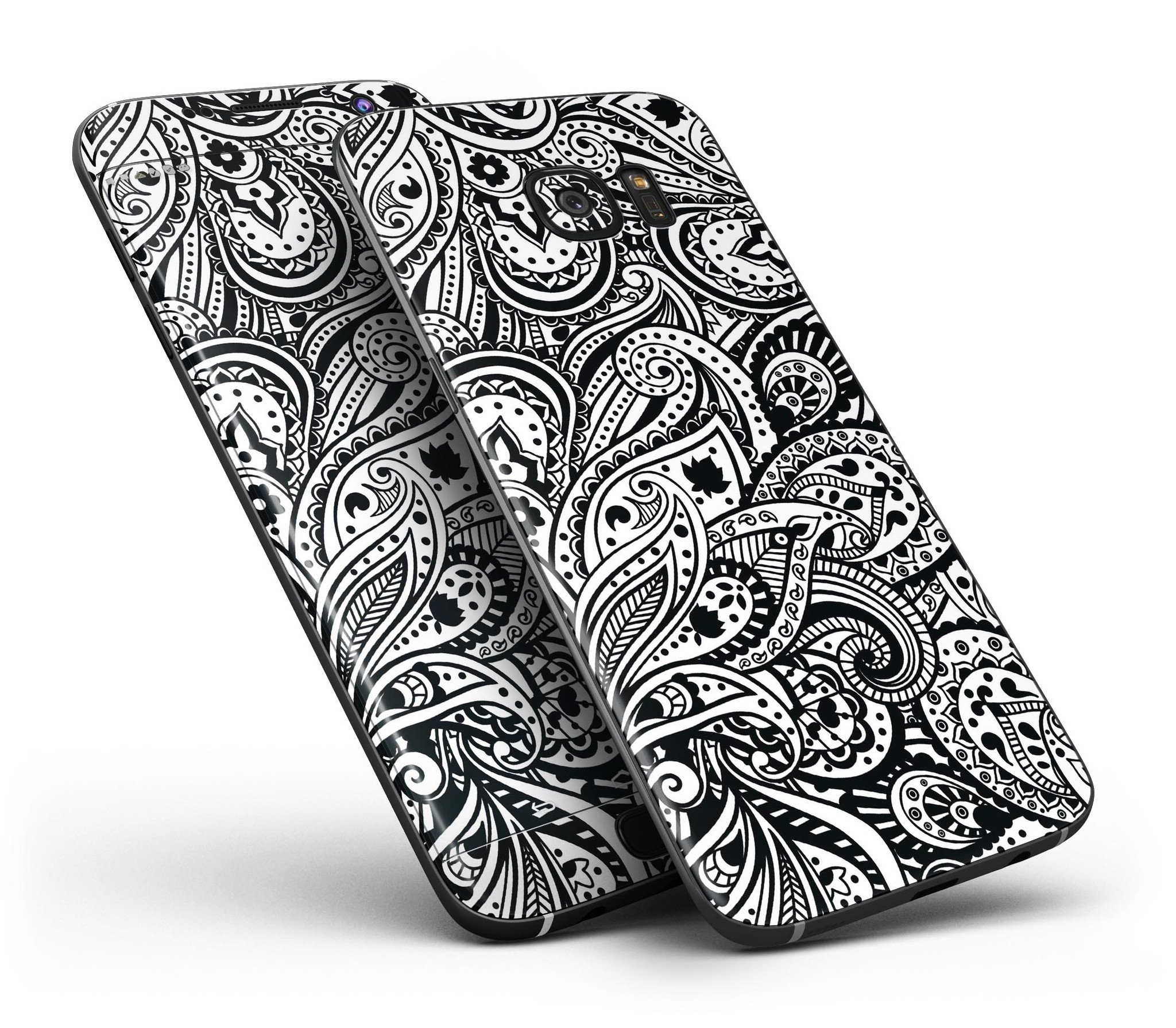 Black and White Aztec Paisley skin kit for Samsung Galaxy S7 and S7 Edge, showcasing a stylish design with full-body coverage.