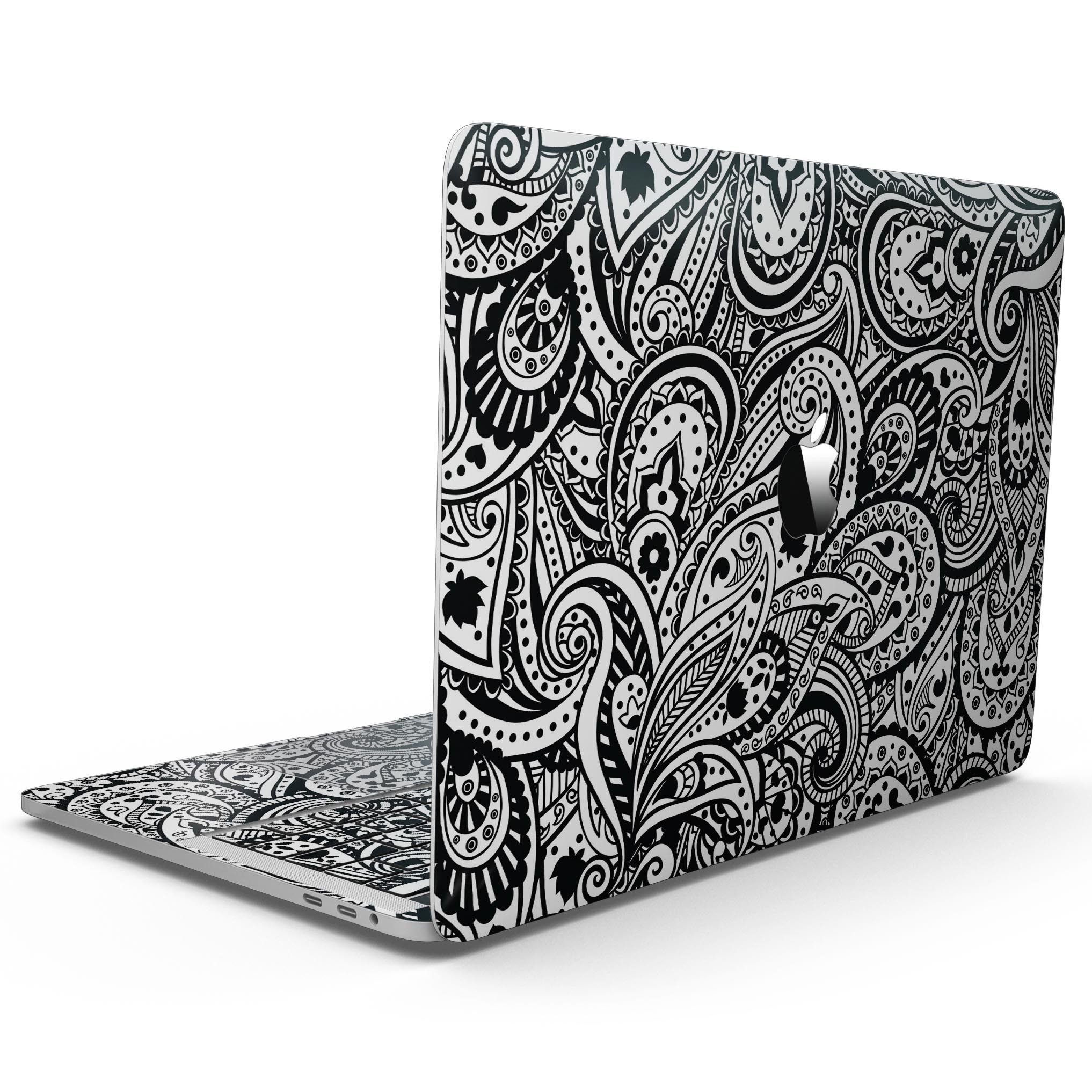 Black and White Aztec Paisley skin kit for MacBook Pro with Touch Bar, showcasing intricate patterns and premium vinyl material.