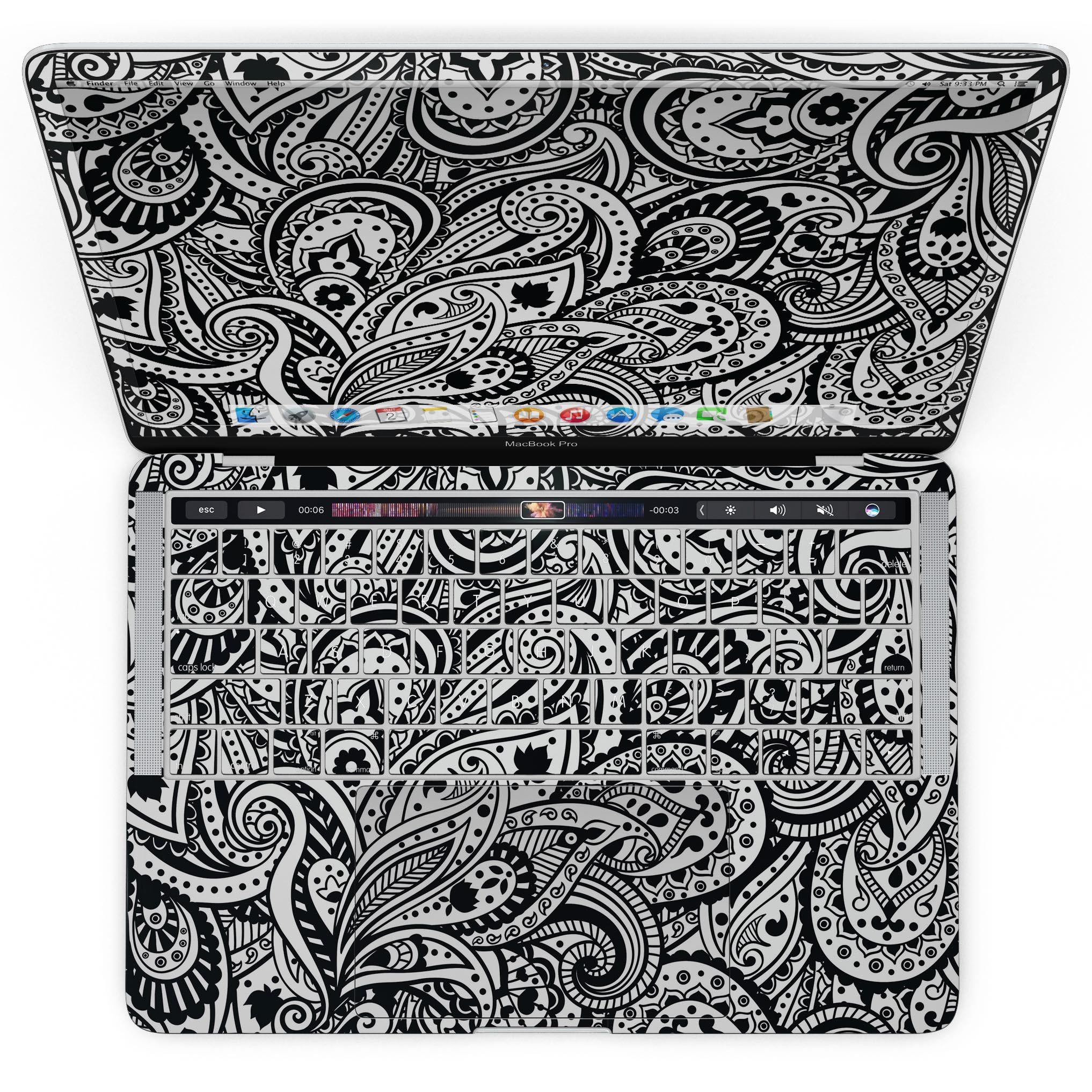 Black and White Aztec Paisley skin kit for MacBook Pro with Touch Bar, showcasing intricate patterns and premium vinyl material.