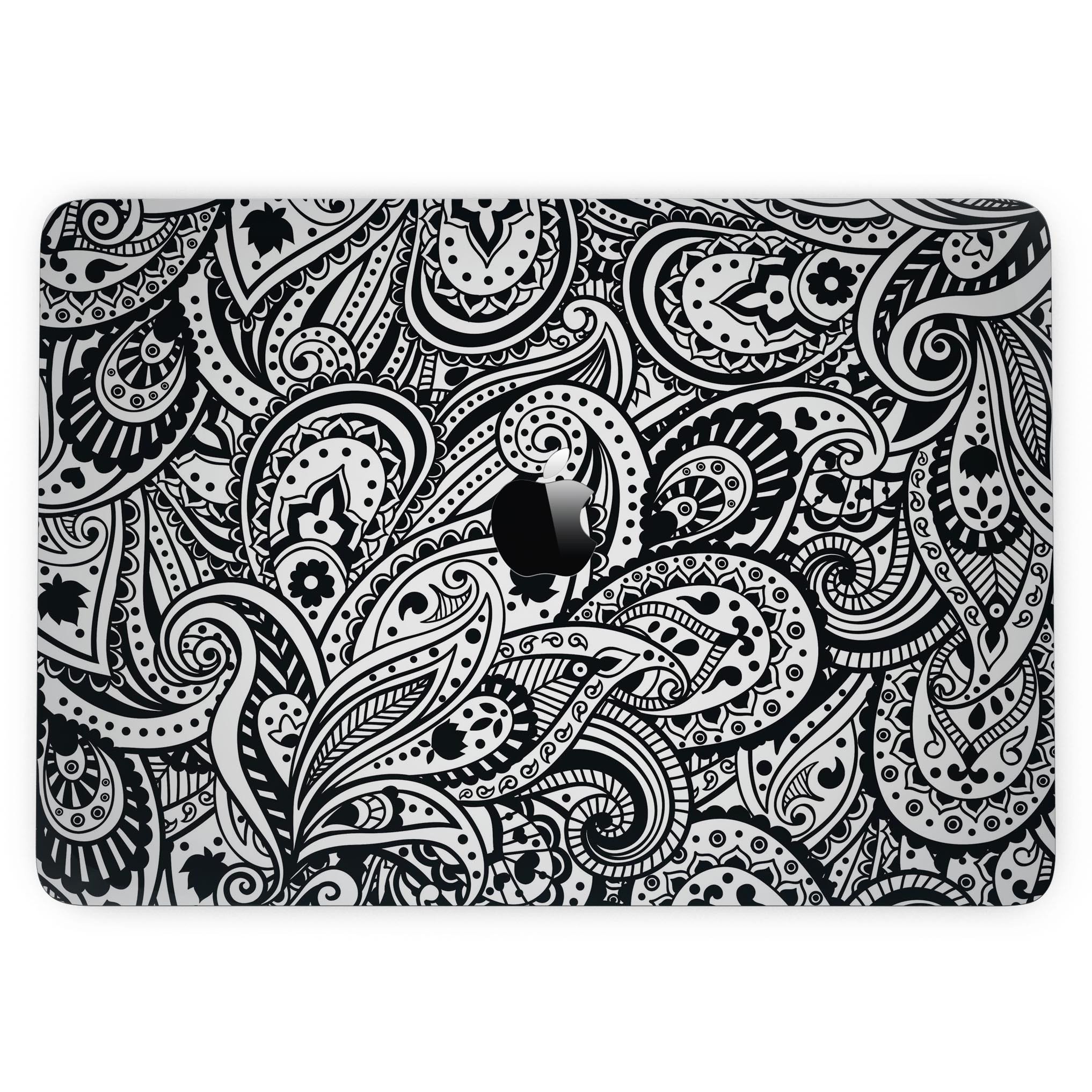 Black and White Aztec Paisley skin kit for MacBook Pro with Touch Bar, showcasing intricate patterns and premium vinyl material.