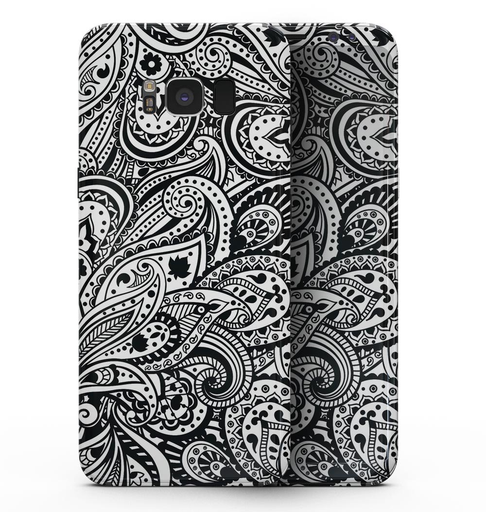 Black and White Aztec Paisley skin for Samsung Galaxy S8, showcasing intricate patterns and premium vinyl material.