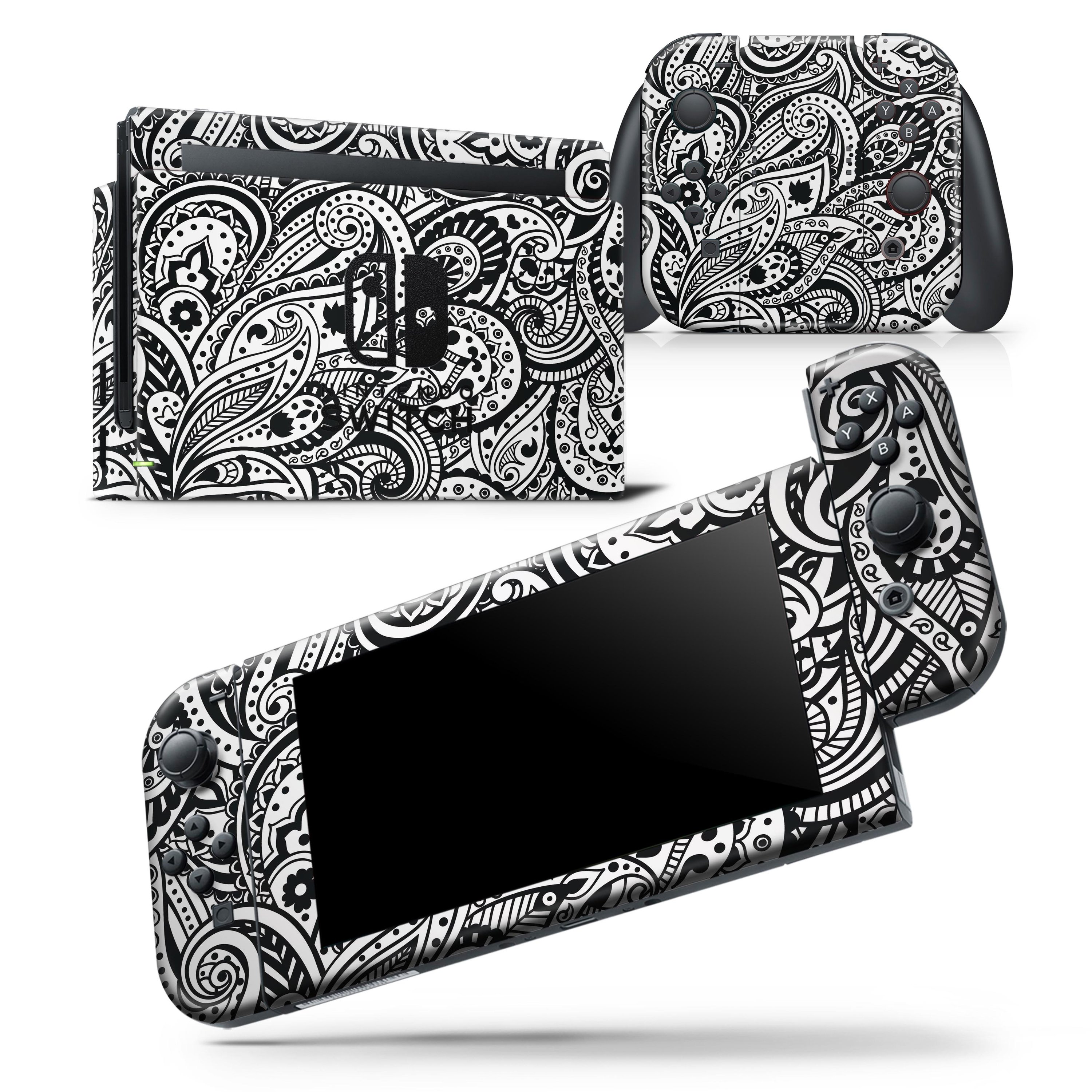 Black and White Aztec Paisley skin wrap decal for Nintendo Switch, showcasing intricate patterns and a sleek design.