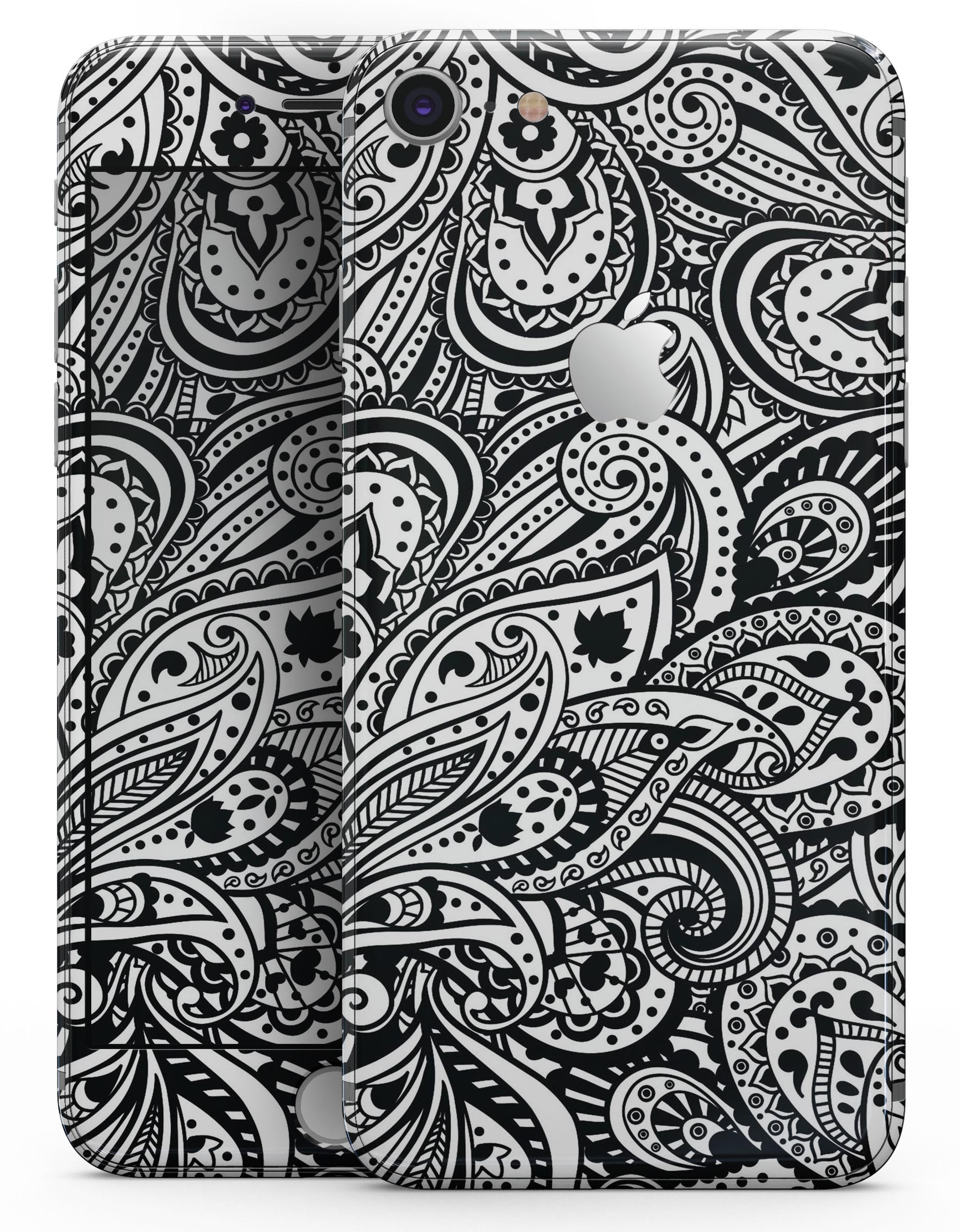 Black and White Aztec Paisley skin for iPhone 8 and 8 Plus, showcasing intricate patterns and premium vinyl material.