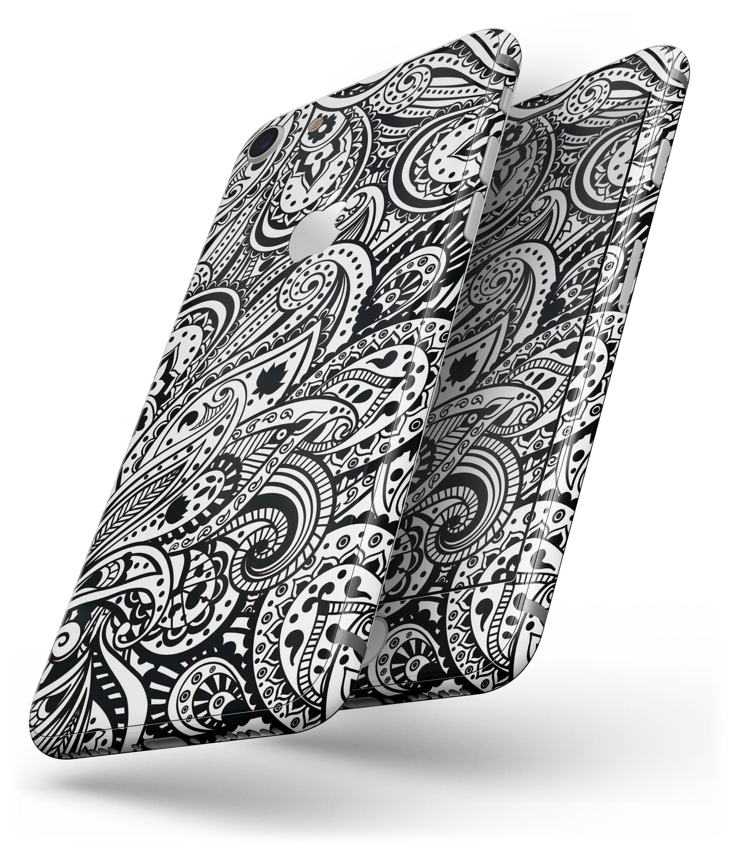 Black and White Aztec Paisley skin for iPhone 8 and 8 Plus, showcasing intricate patterns and premium vinyl material.