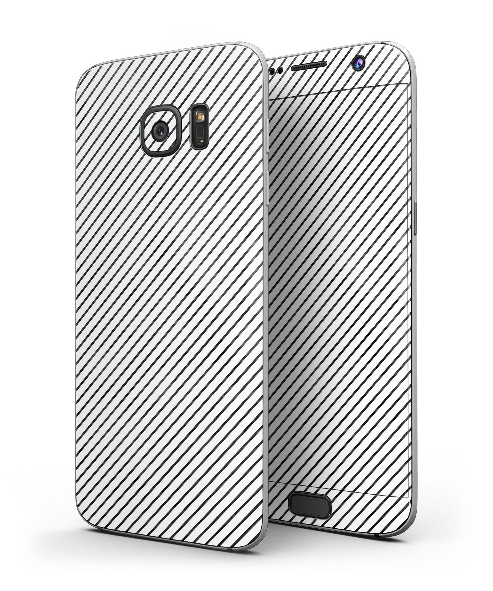 Black and white diagonal stripes skin kit for Samsung Galaxy S7 and S7 Edge, showcasing a sleek design and premium vinyl material.