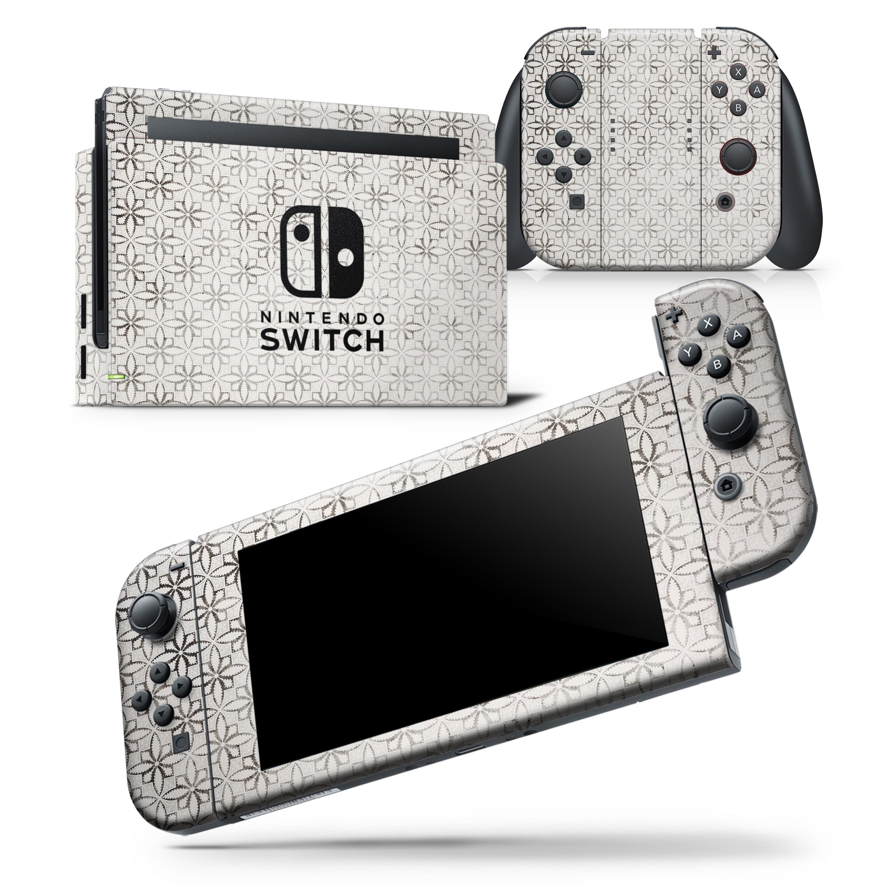 Black and white floral chess pattern skin wrap decal for Nintendo Switch, showcasing a stylish design that fits snugly on the console and controllers.