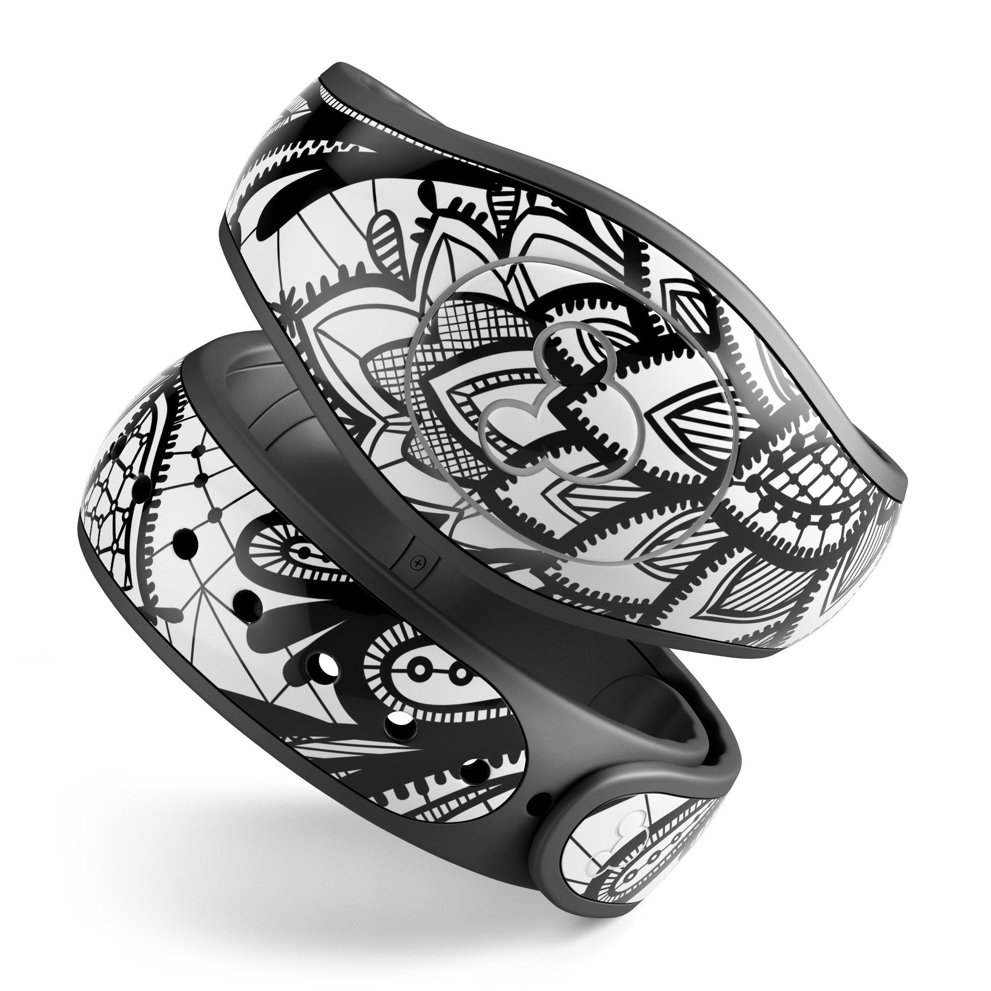 Black and white geometric floral decal skin wrap for Disney Magic Band, showcasing a stylish design and high-quality finish.