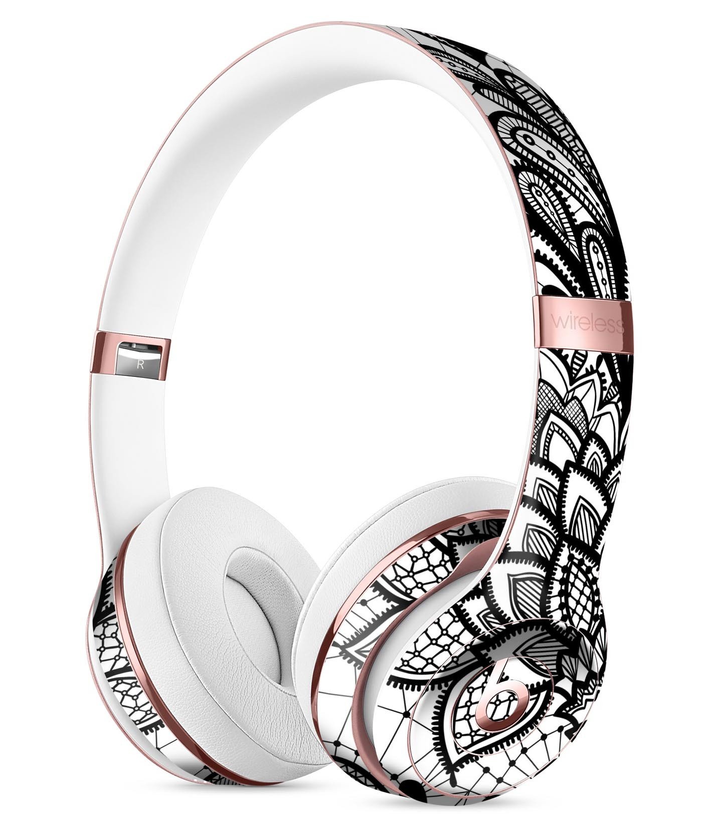 Black and white geometric floral skin kit for Beats by Dre Solo 3 Wireless Headphones, showcasing a stylish design and premium vinyl material.