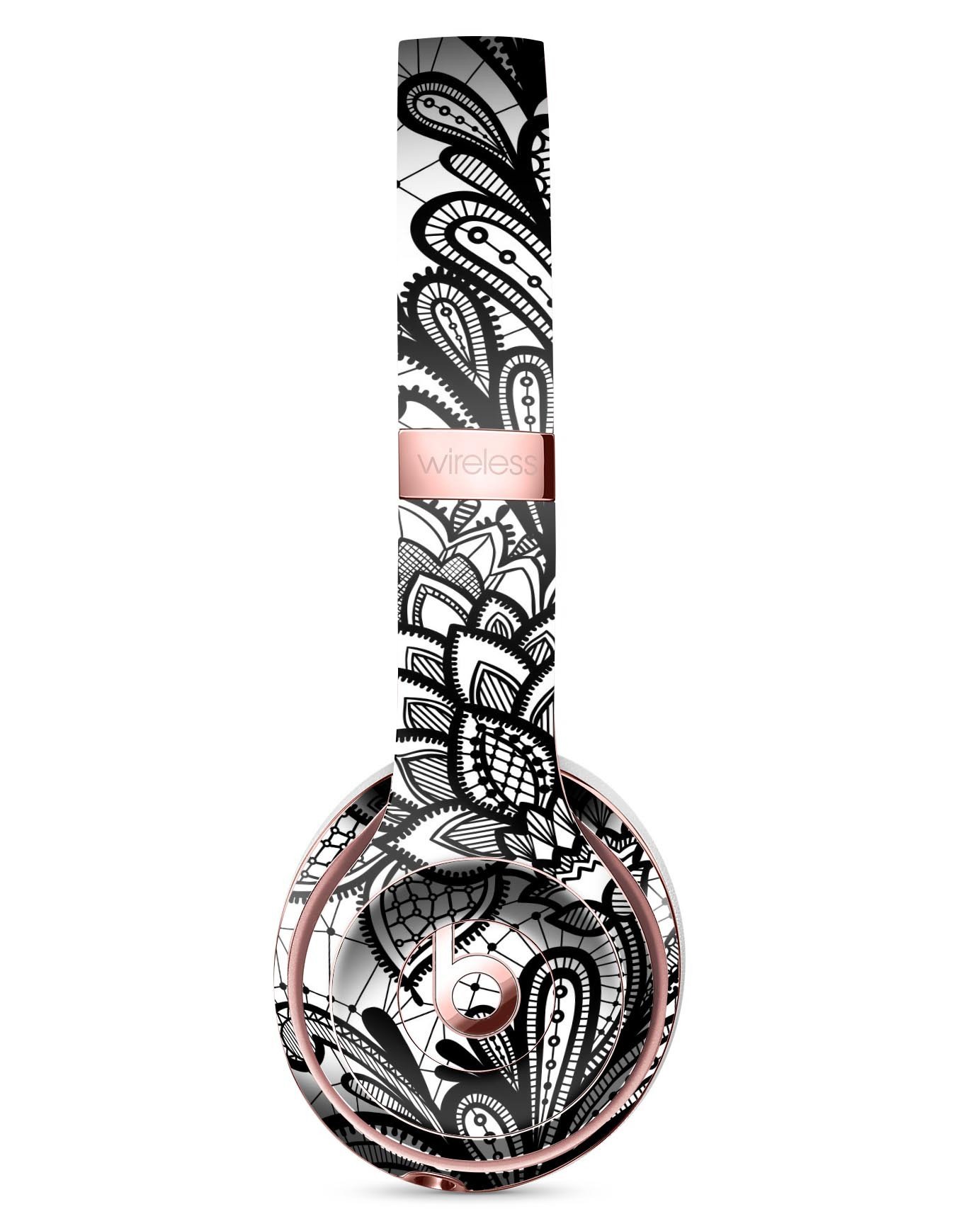 Black and white geometric floral skin kit for Beats by Dre Solo 3 Wireless Headphones, showcasing a stylish design and premium vinyl material.