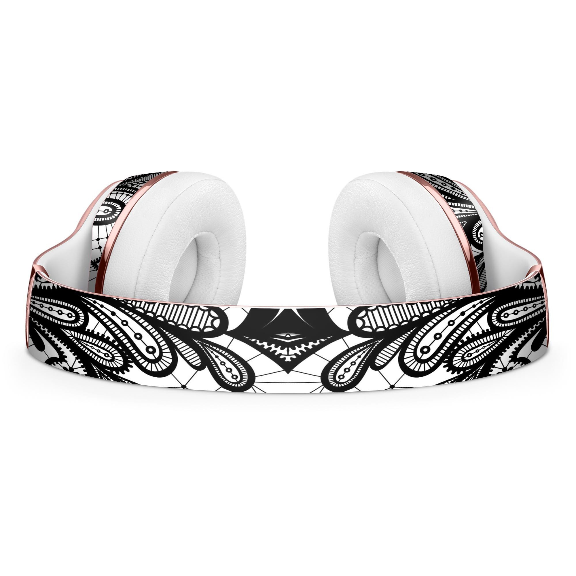 Black and white geometric floral skin kit for Beats by Dre Solo 3 Wireless Headphones, showcasing a stylish design and premium vinyl material.