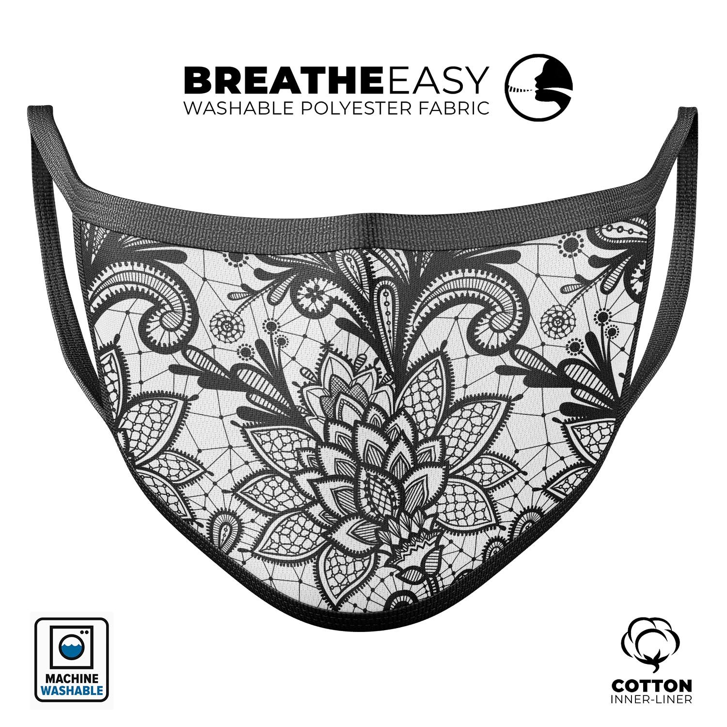 Black and White Geometric Floral mouth cover, showcasing a stylish design with adjustable ear loops for a comfortable fit.