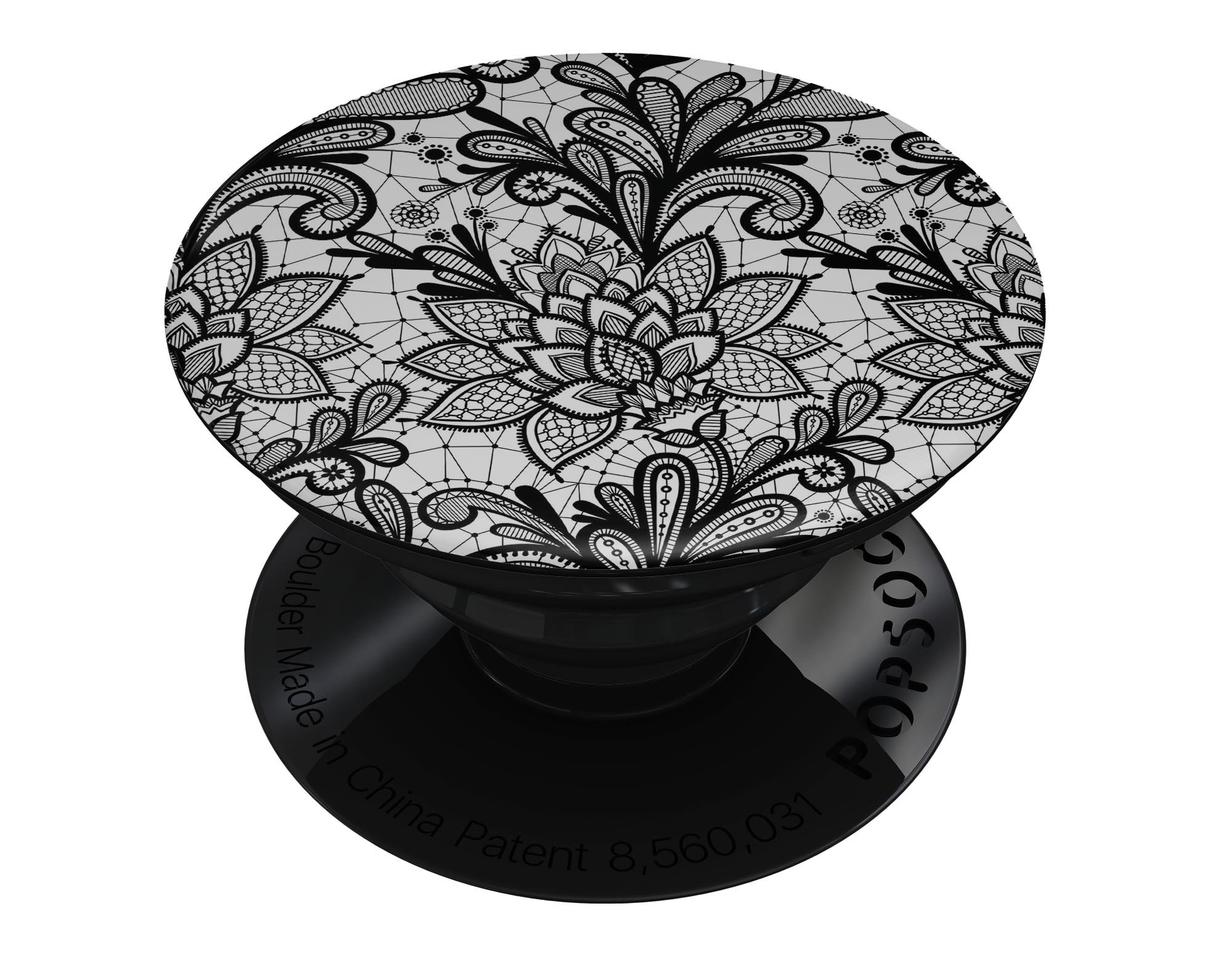 Black and White Geometric Floral Skin Kit for PopSockets, featuring a stylish floral design on premium vinyl.
