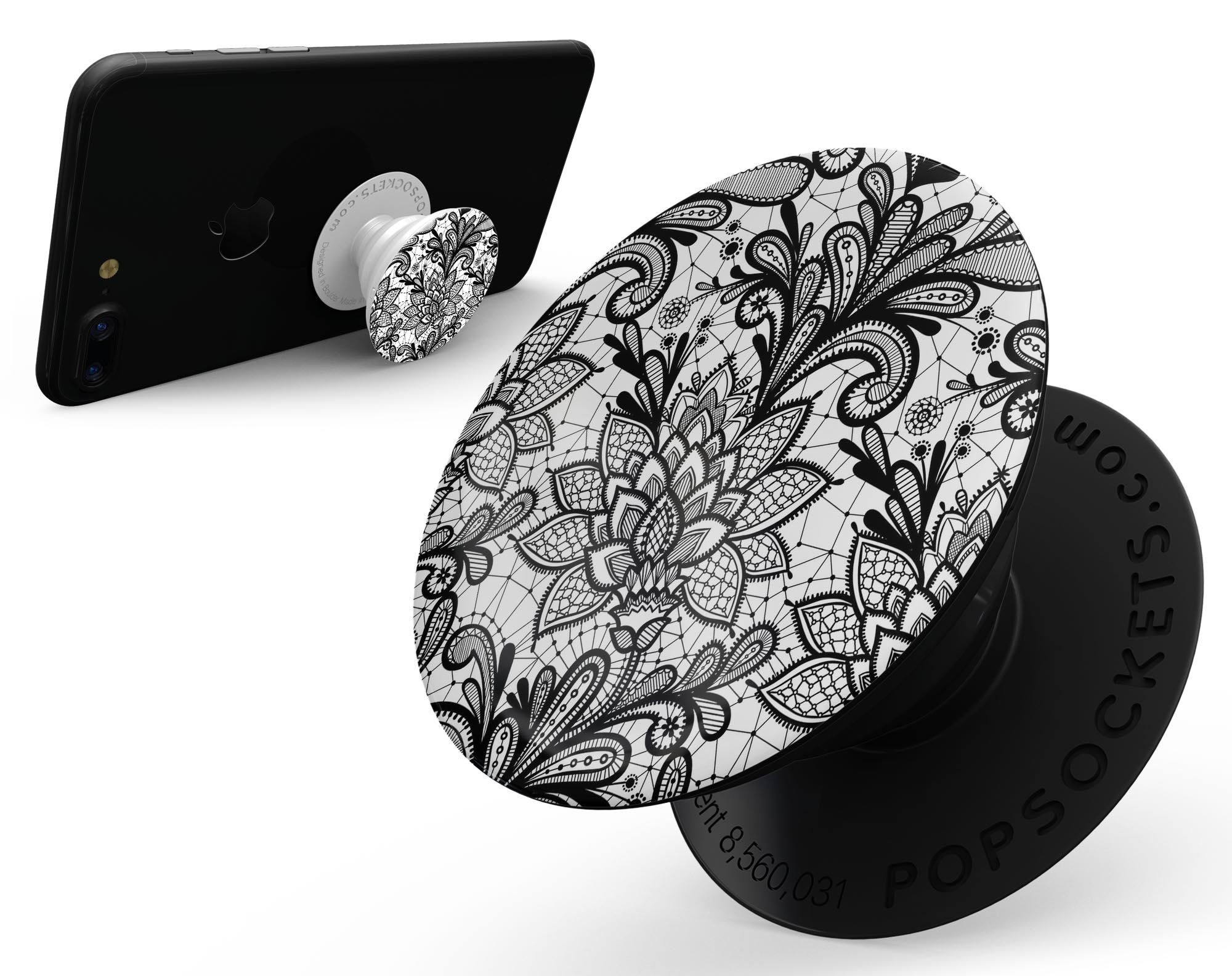 Black and White Geometric Floral Skin Kit for PopSockets, featuring a stylish floral design on premium vinyl.
