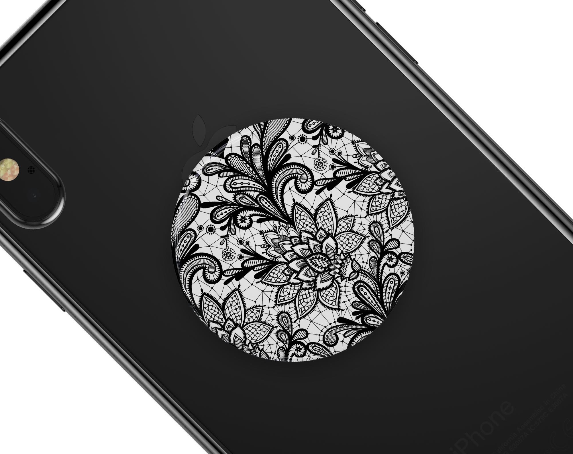 Black and White Geometric Floral Skin Kit for PopSockets, featuring a stylish floral design on premium vinyl.