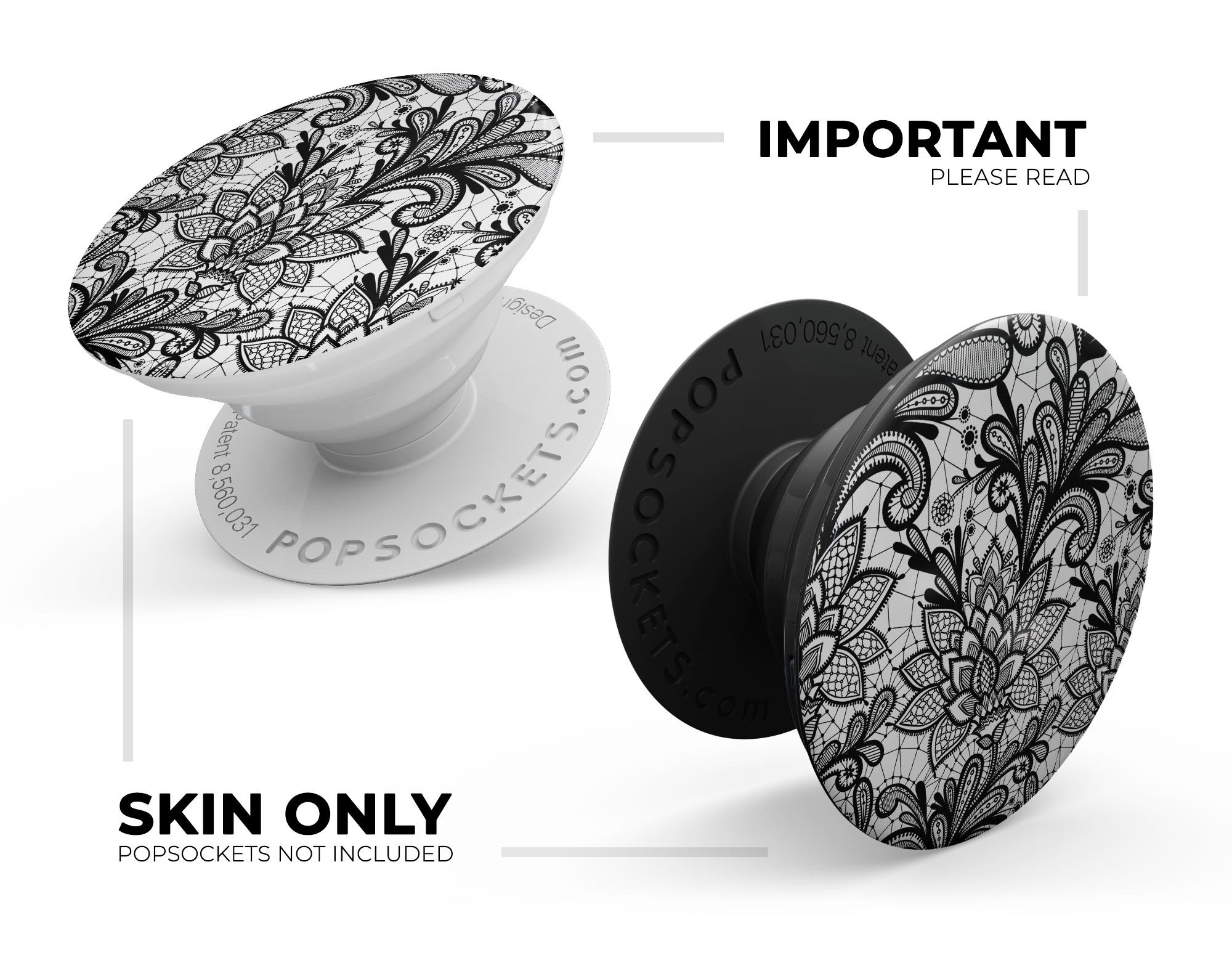 Black and White Geometric Floral Skin Kit for PopSockets, featuring a stylish floral design on premium vinyl.