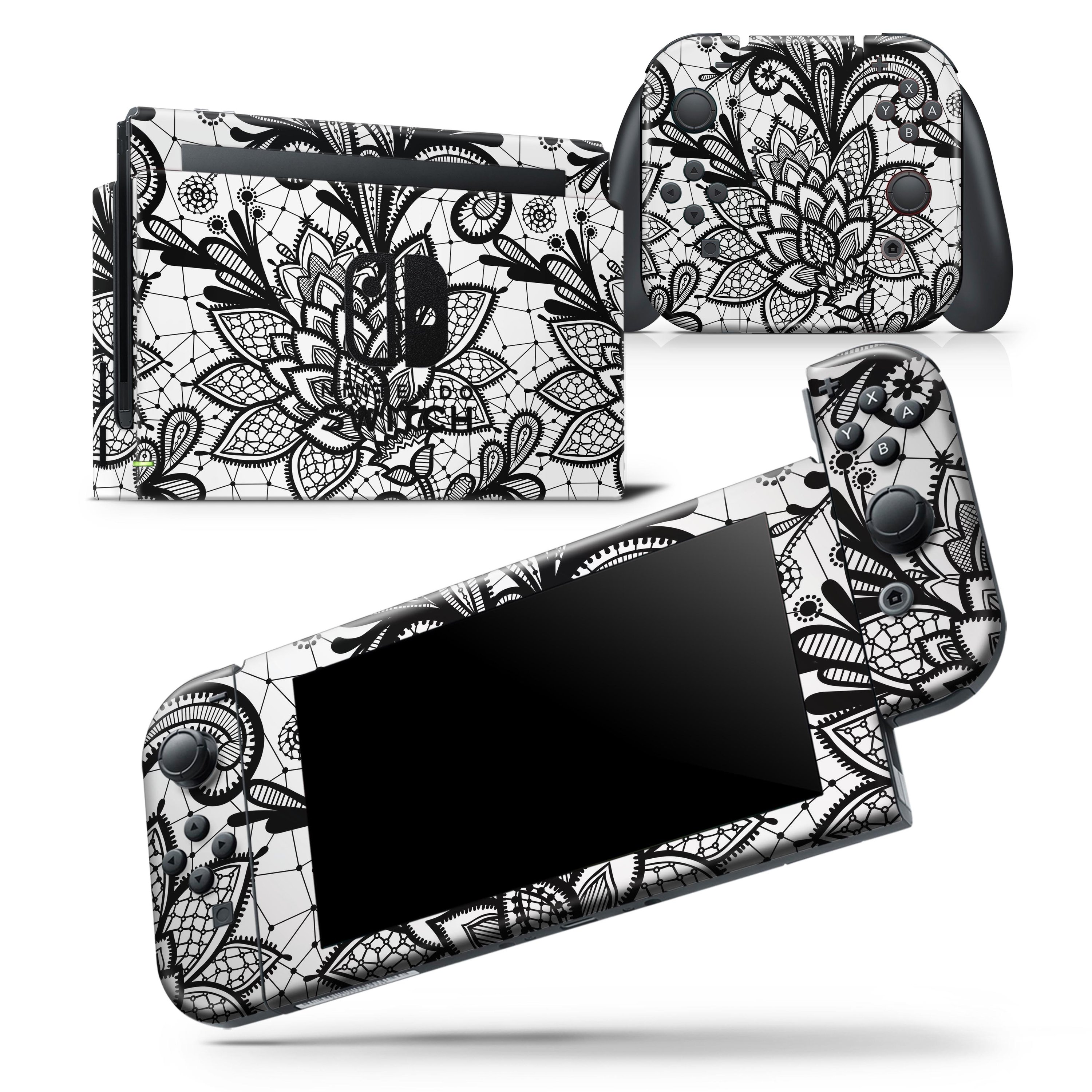 Black and white geometric floral skin wrap decal for Nintendo Switch, showcasing a stylish design that fits the console and controllers perfectly.