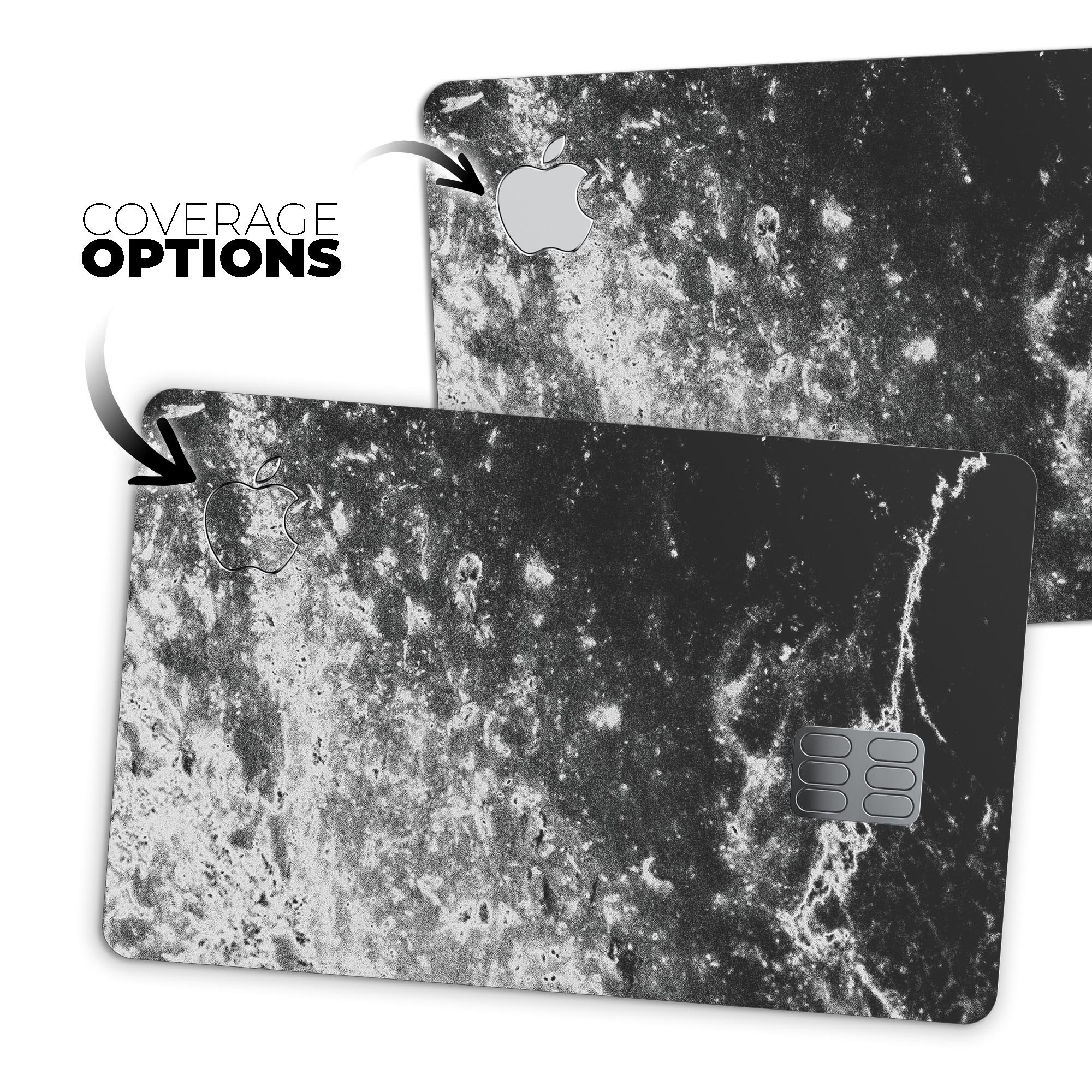 Black and White Grungy Marble Surface decal for Apple Card, showcasing a stylish design with premium vinyl material.