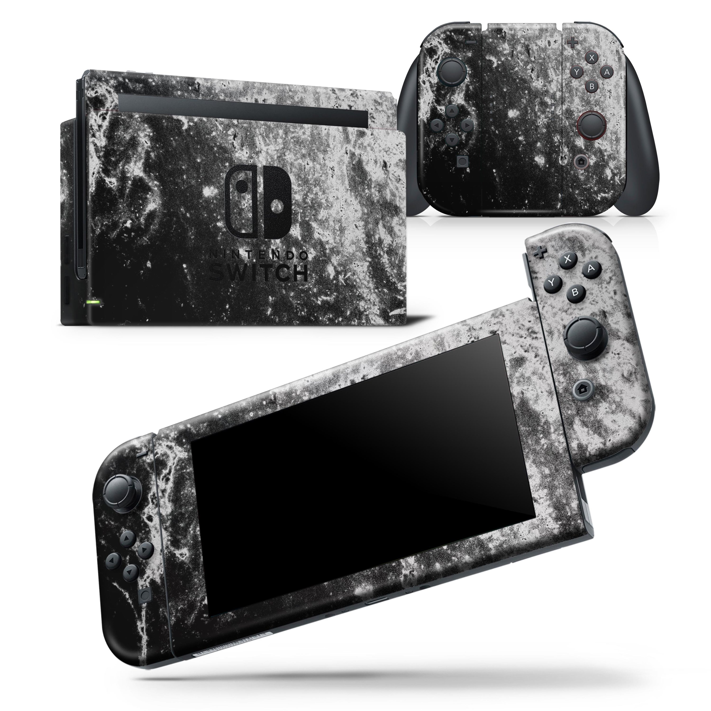 Black and white grungy marble skin wrap decal for Nintendo Switch, showcasing a stylish design that fits snugly on the console and controllers.