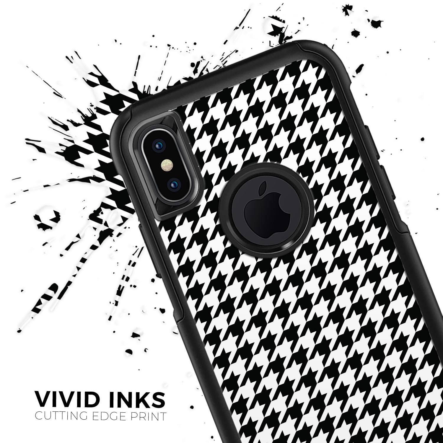 Black and white houndstooth pattern skin kit for iPhone OtterBox, showcasing its stylish design and premium quality materials.