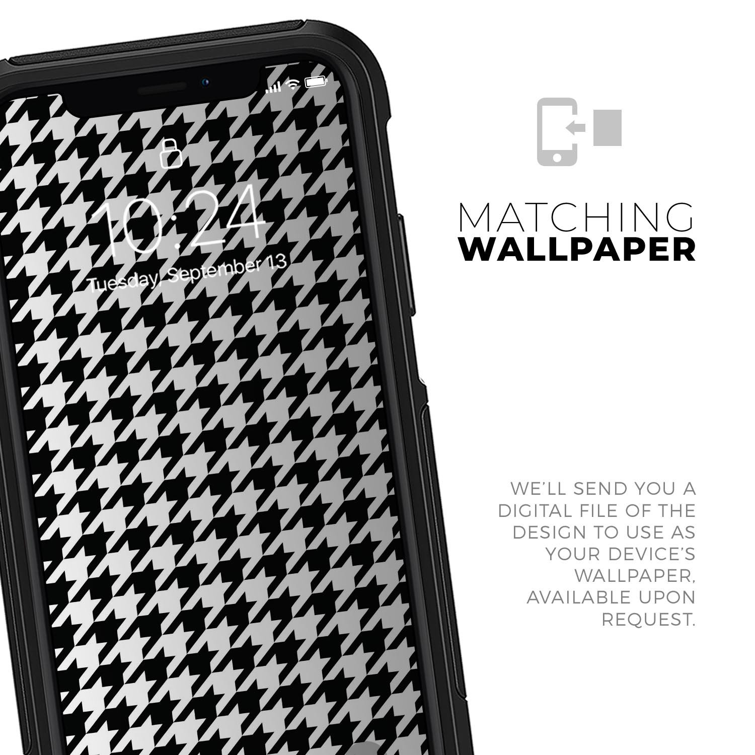 Black and white houndstooth pattern skin kit for iPhone OtterBox, showcasing its stylish design and premium quality materials.