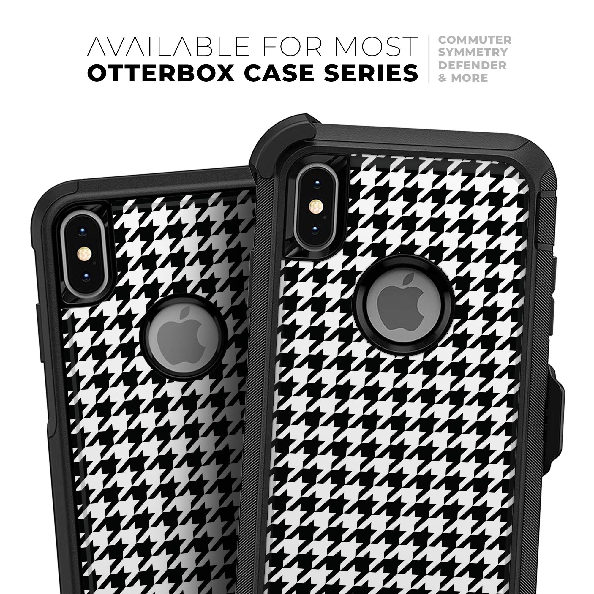 Black and white houndstooth pattern skin kit for iPhone OtterBox, showcasing its stylish design and premium quality materials.