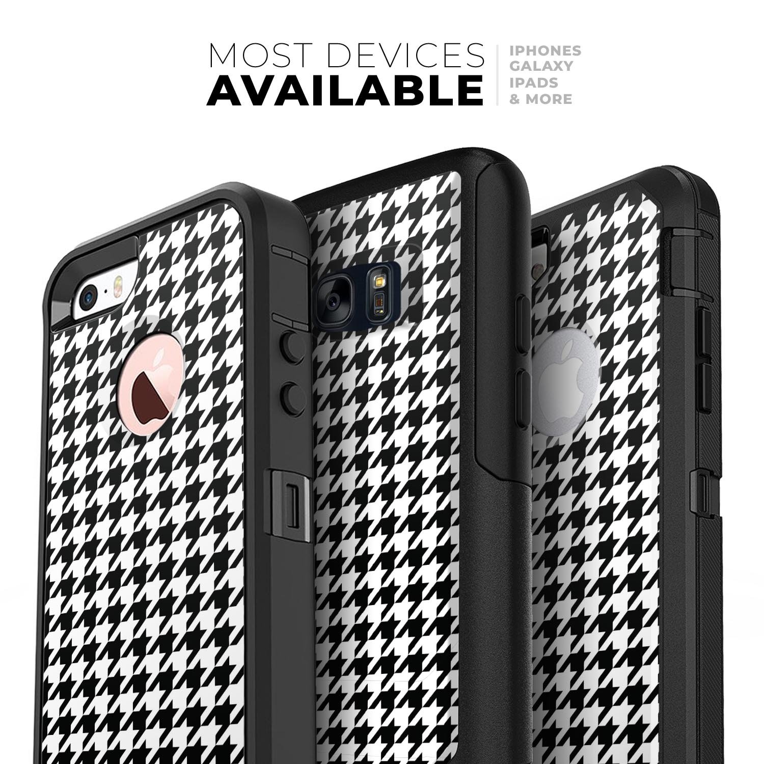 Black and white houndstooth pattern skin kit for iPhone OtterBox, showcasing its stylish design and premium quality materials.