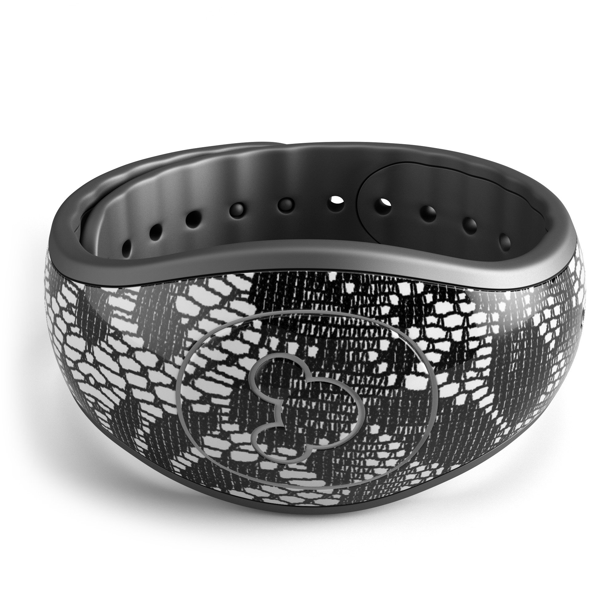 Black and White Lace Pattern V108 decal skin wrap kit for Disney Magic Band, showcasing intricate lace design and high-quality finish.