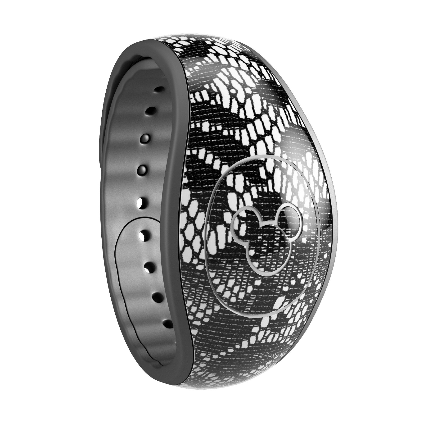 Black and White Lace Pattern V108 decal skin wrap kit for Disney Magic Band, showcasing intricate lace design and high-quality finish.
