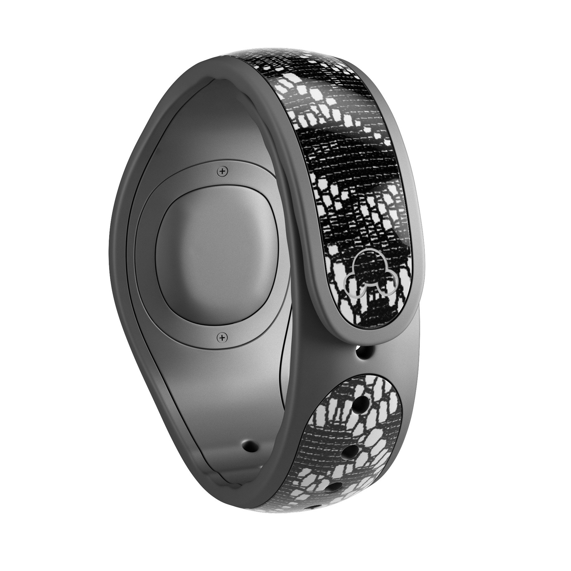 Black and White Lace Pattern V108 decal skin wrap kit for Disney Magic Band, showcasing intricate lace design and high-quality finish.