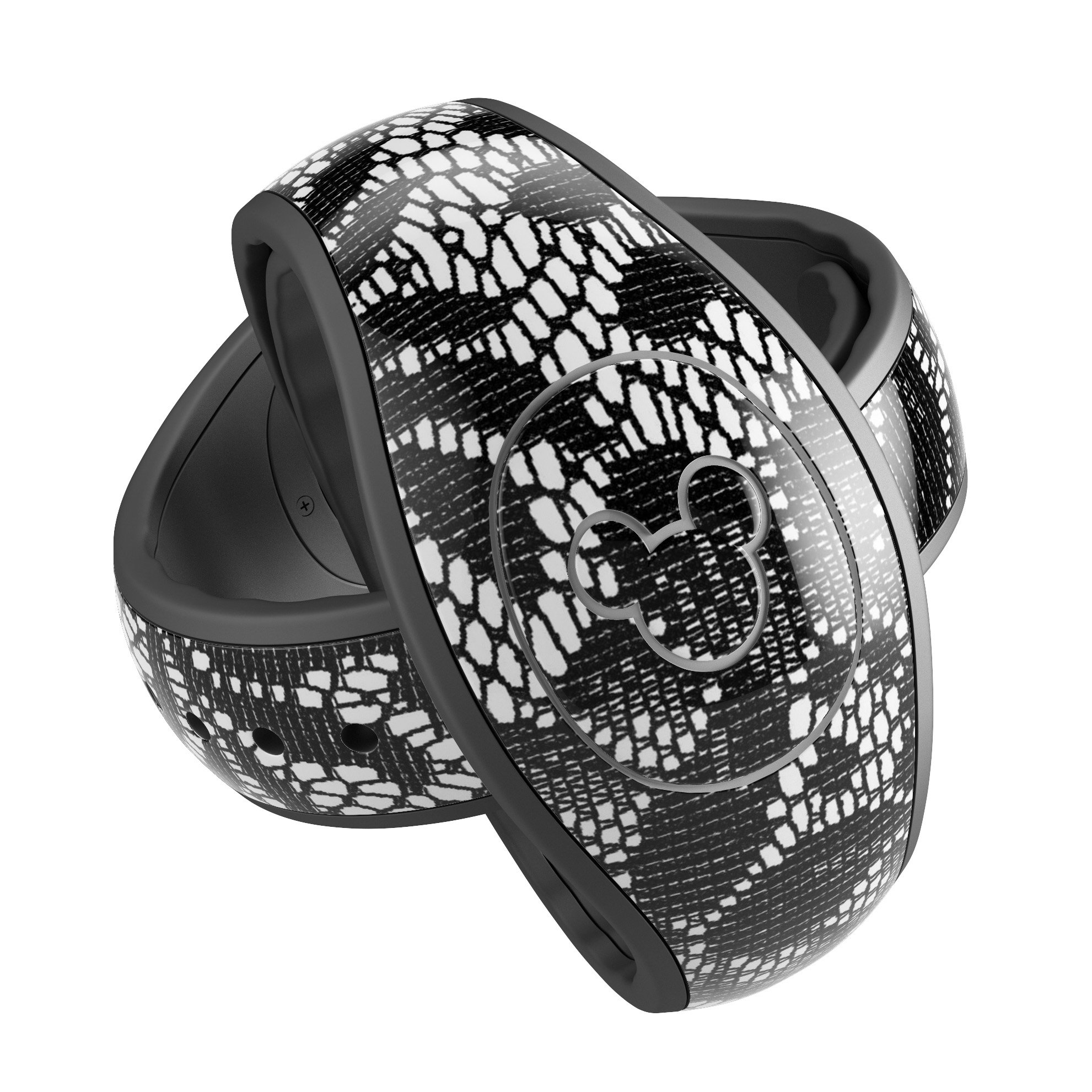 Black and White Lace Pattern V108 decal skin wrap kit for Disney Magic Band, showcasing intricate lace design and high-quality finish.