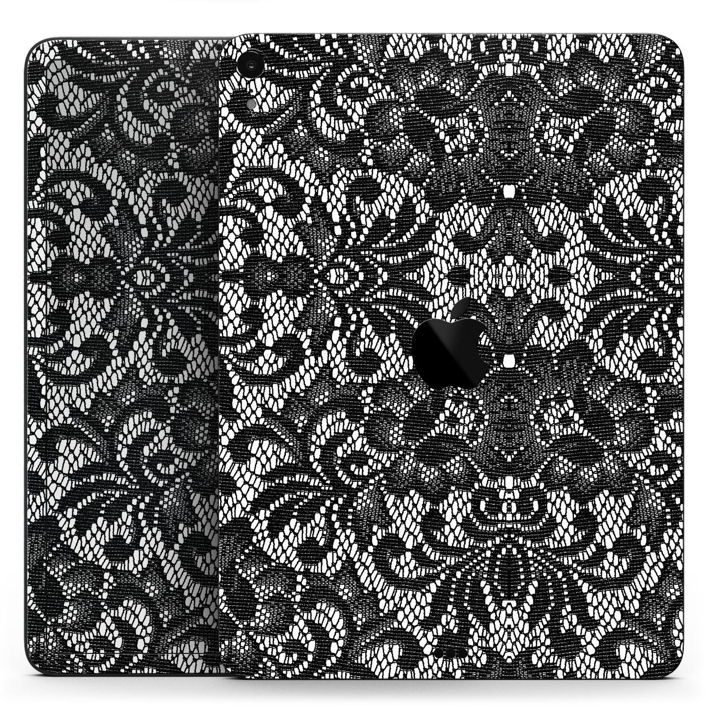 Black and White Lace Pattern V108 skin decal for Apple devices, showcasing intricate lace design and premium finish.