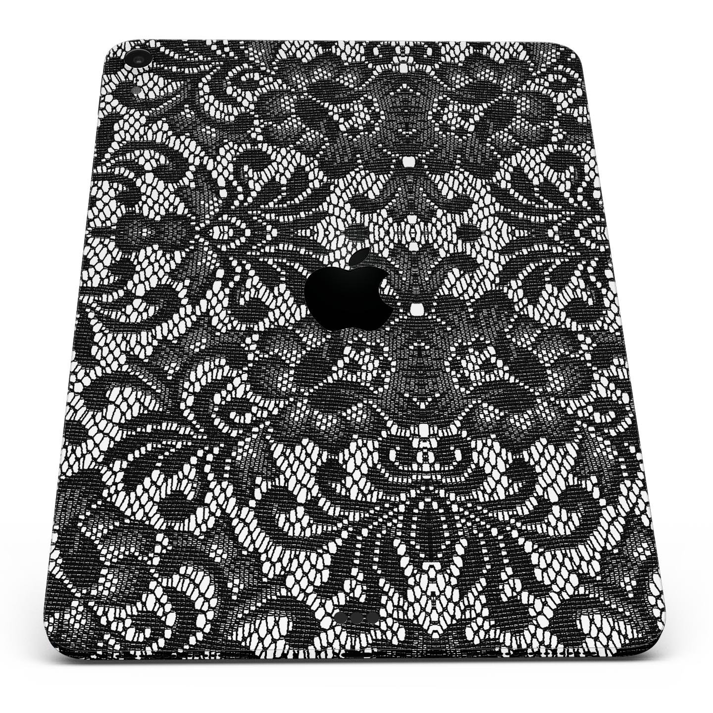 Black and White Lace Pattern V108 skin decal for Apple devices, showcasing intricate lace design and premium finish.