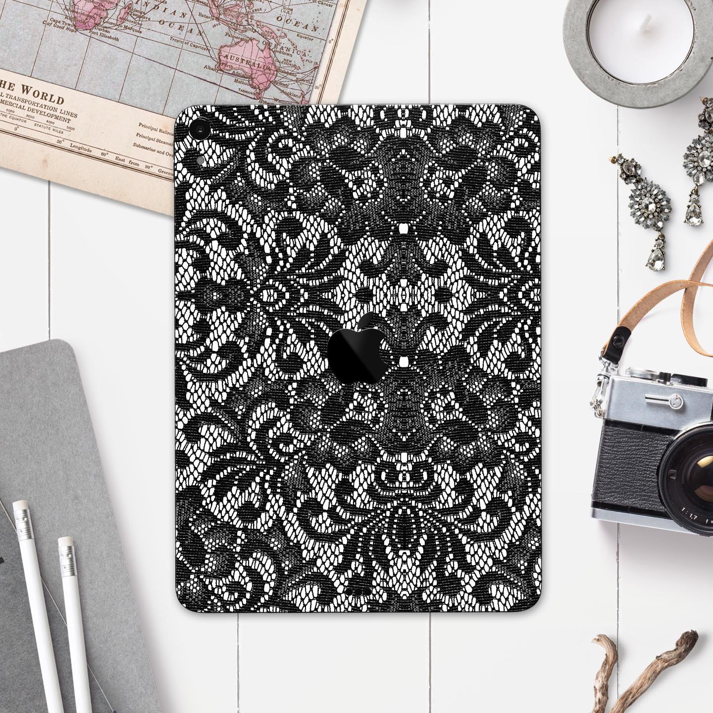 Black and White Lace Pattern V108 skin decal for Apple devices, showcasing intricate lace design and premium finish.