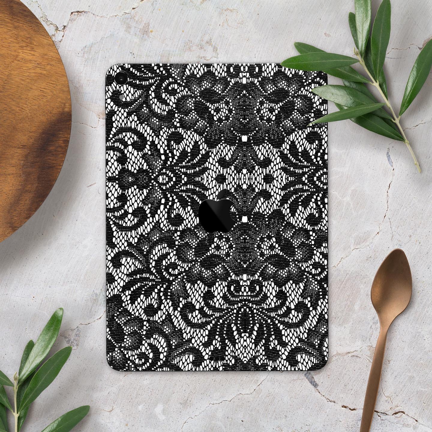 Black and White Lace Pattern V108 skin decal for Apple devices, showcasing intricate lace design and premium finish.