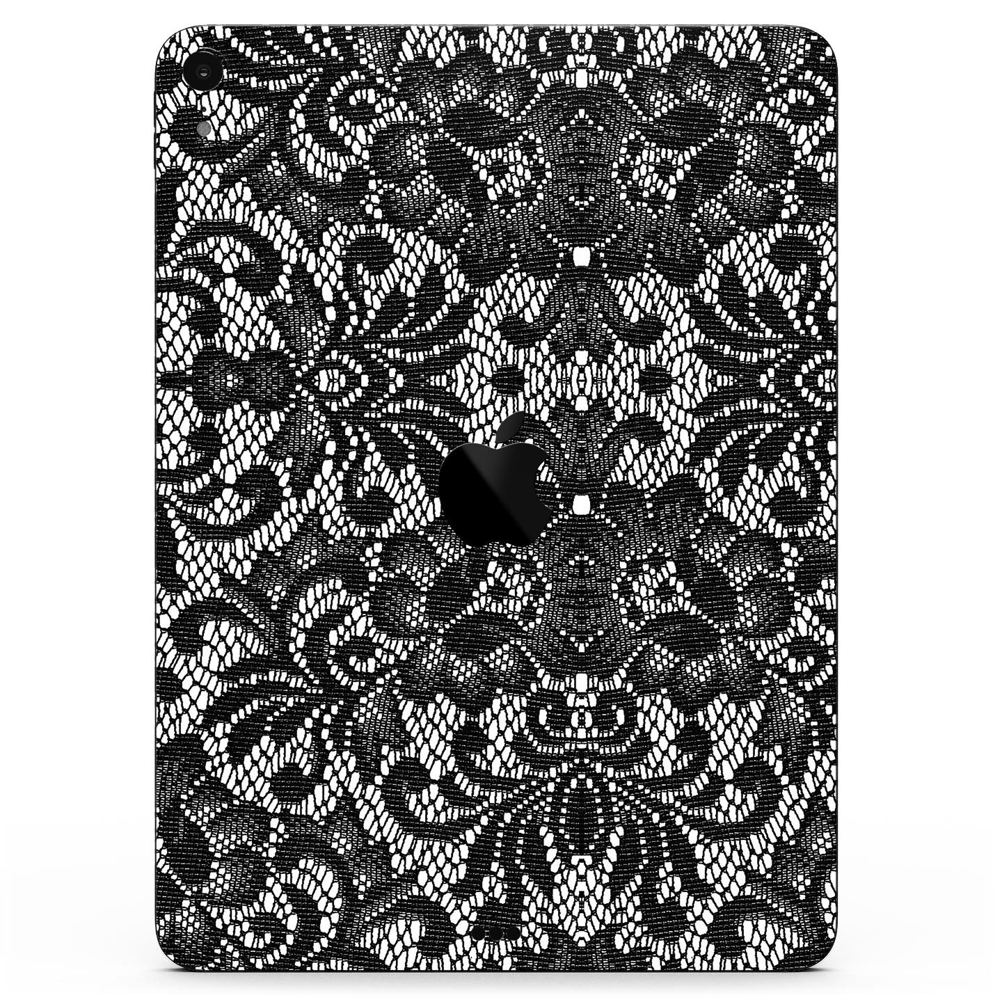 Black and White Lace Pattern V108 skin decal for Apple devices, showcasing intricate lace design and premium finish.