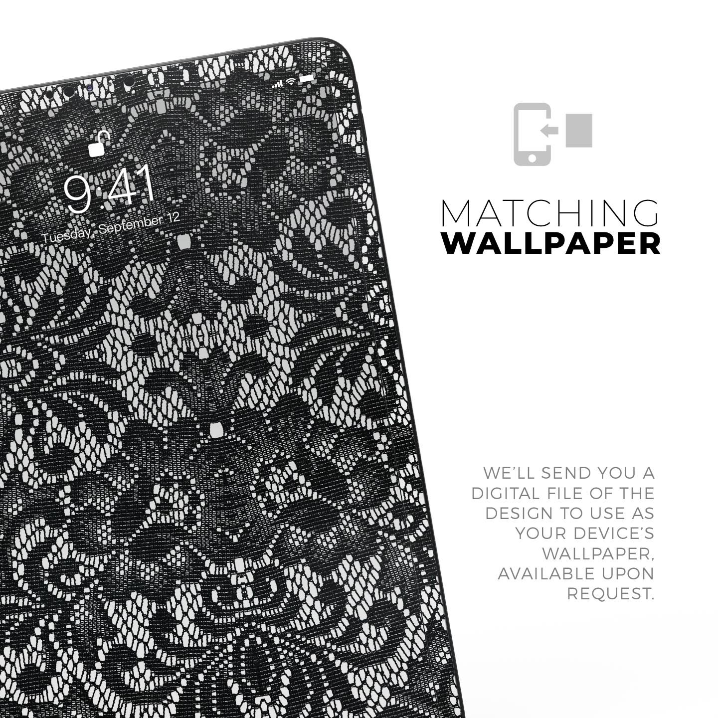 Black and White Lace Pattern V108 skin decal for Apple devices, showcasing intricate lace design and premium finish.