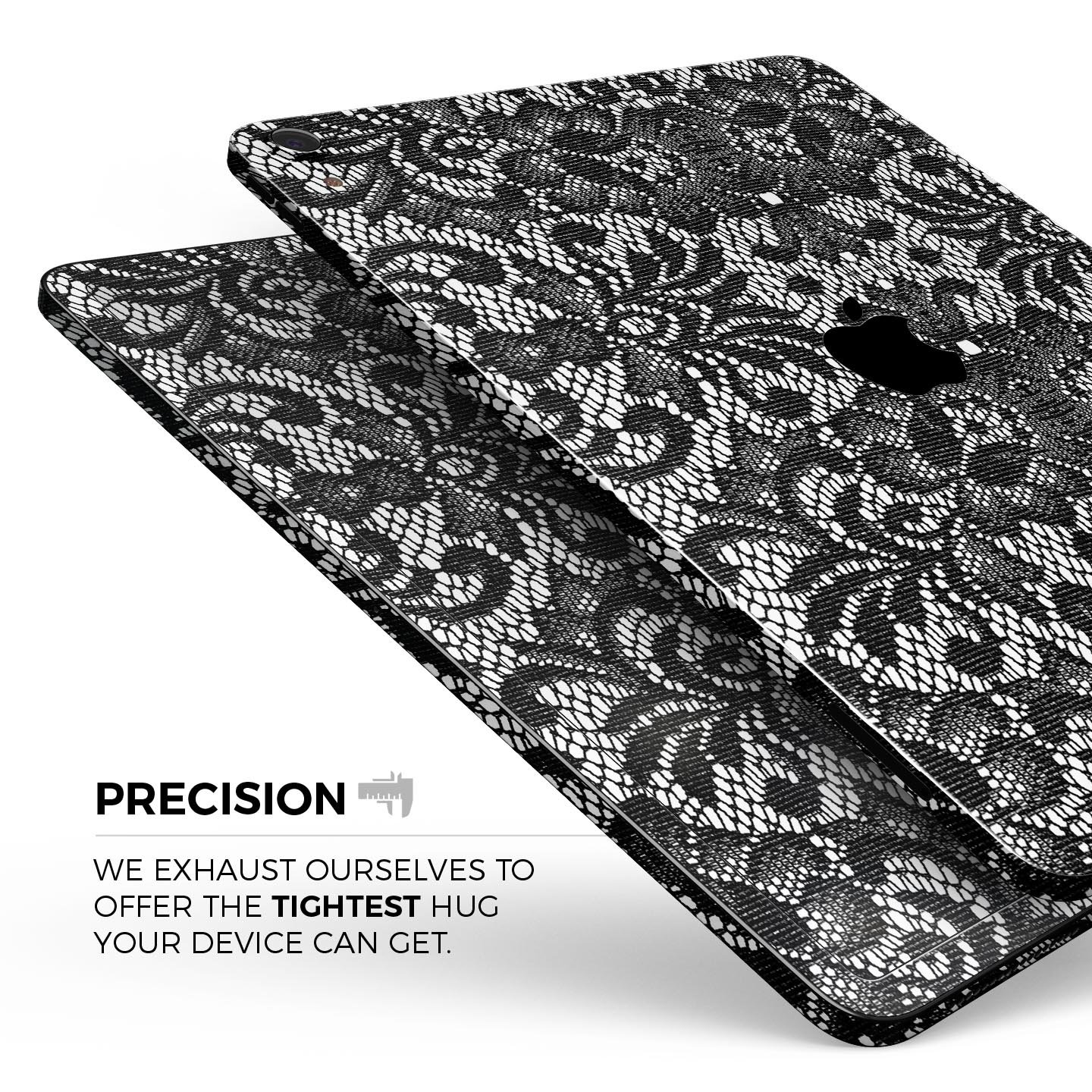Black and White Lace Pattern V108 skin decal for Apple devices, showcasing intricate lace design and premium finish.